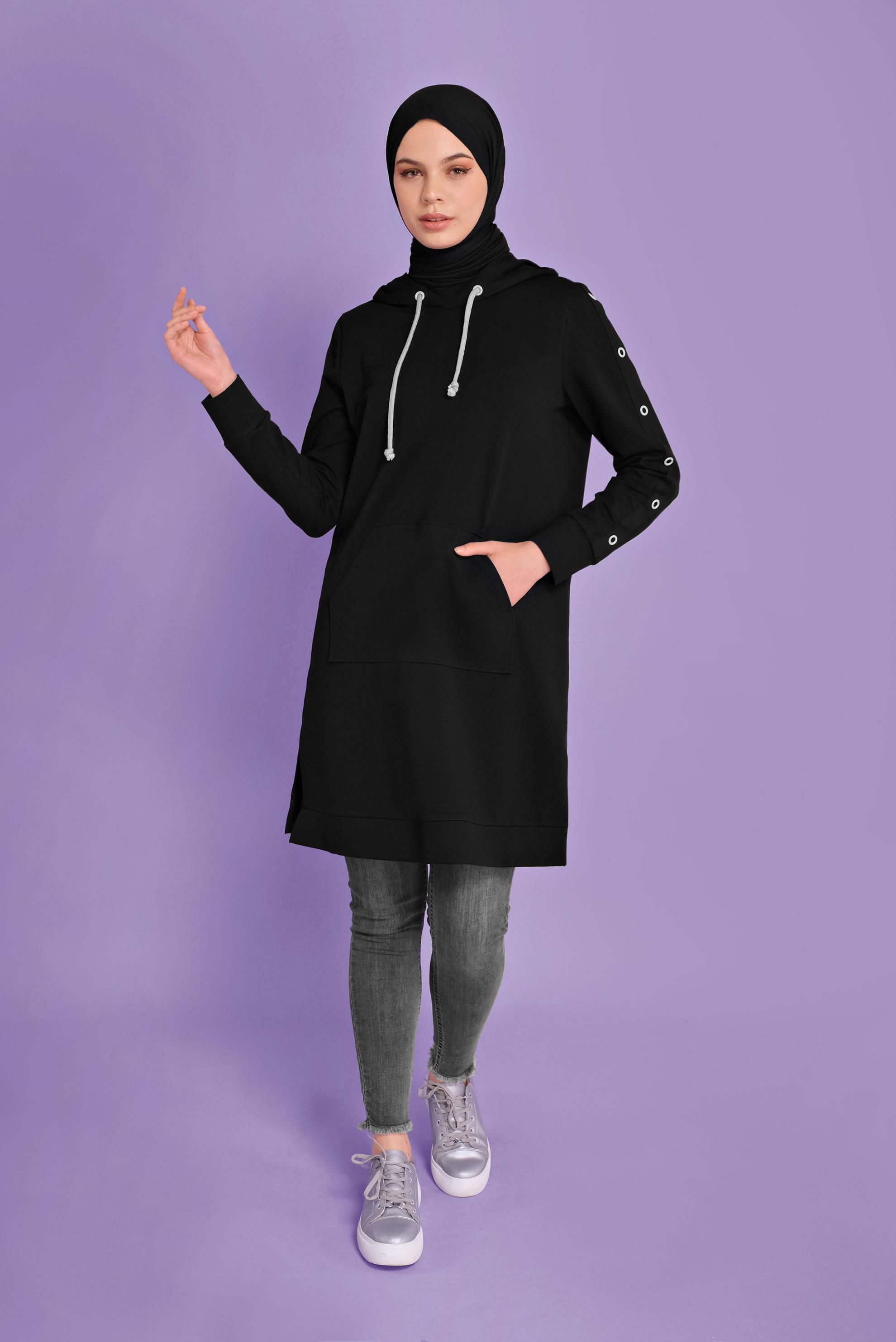 Tesettür giyim SİYAH KUŞGÖZÜ DETAYLI EŞOFMAN TUNİK 41477 