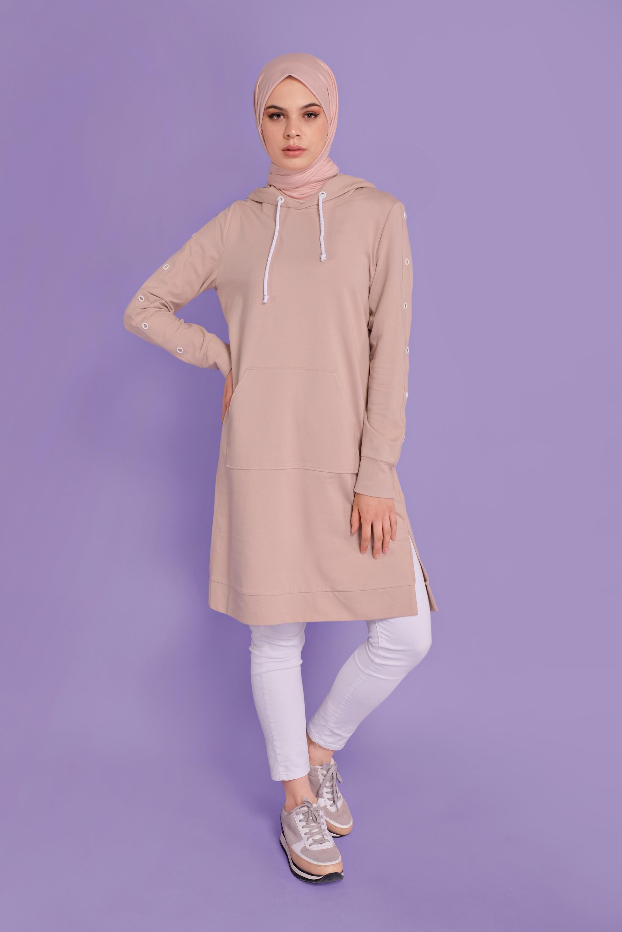 Tesettür giyim PUDRA KUŞGÖZÜ DETAYLI EŞOFMAN TUNİK 41477 