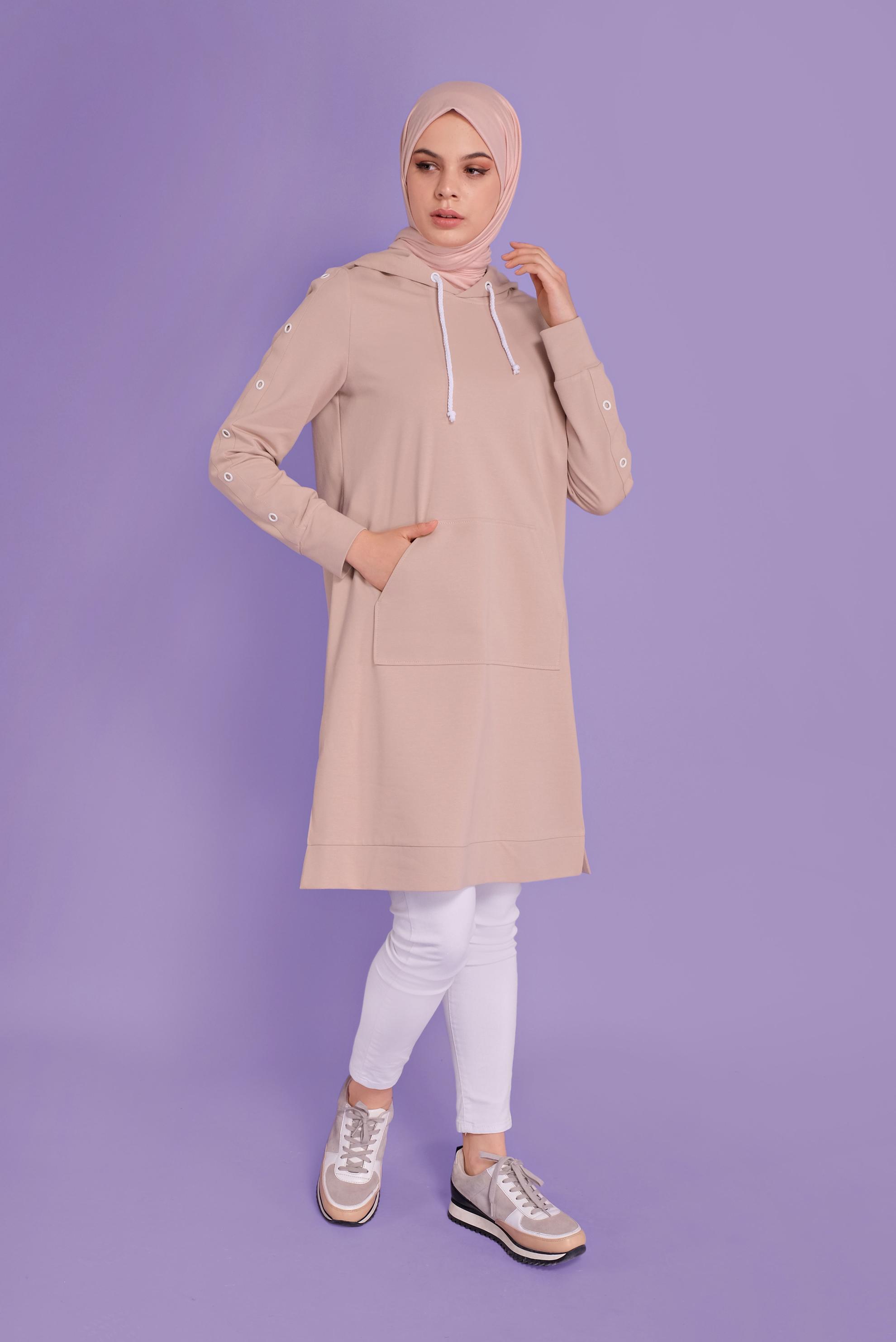 Tesettür giyim PUDRA KUŞGÖZÜ DETAYLI EŞOFMAN TUNİK 41477 