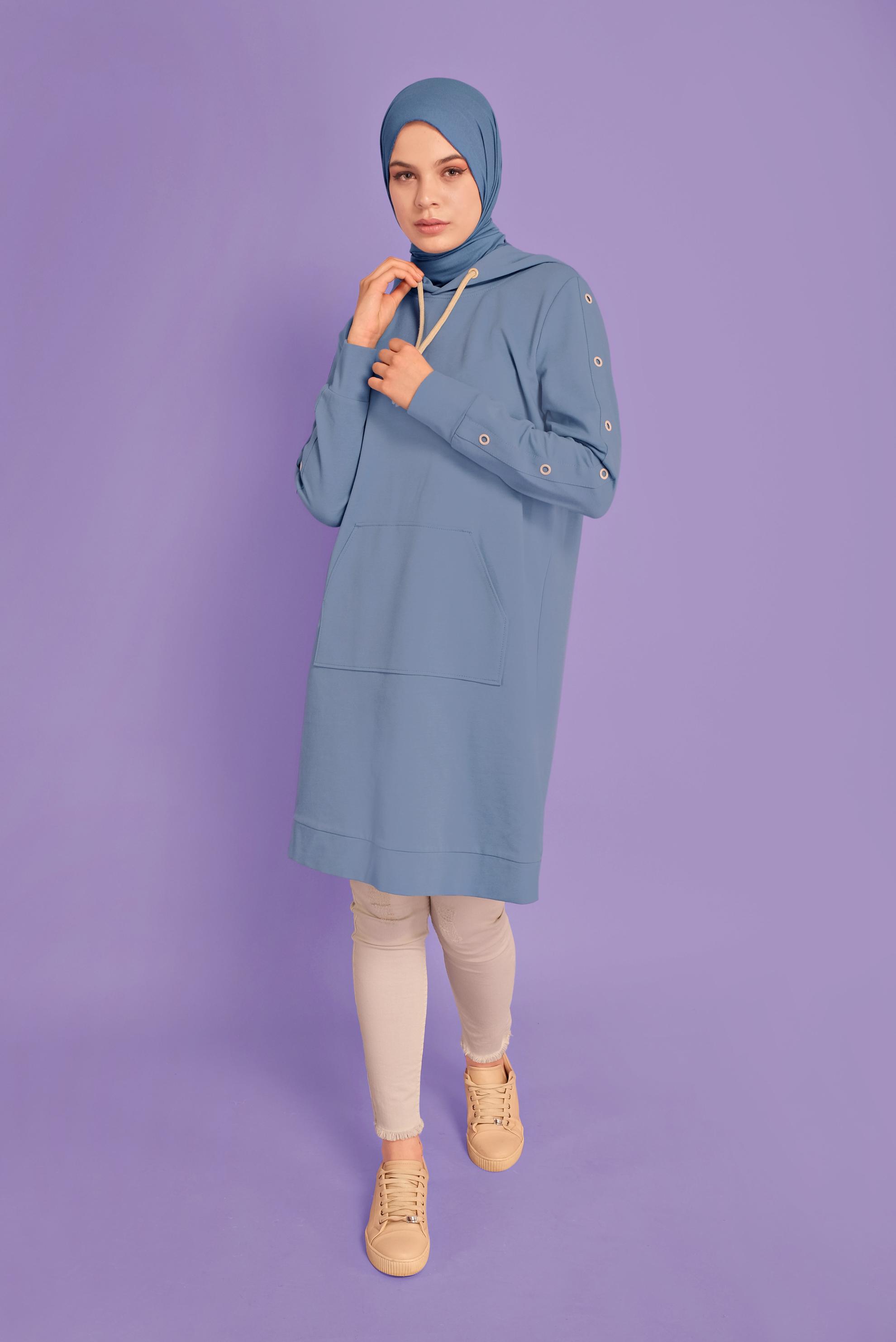 Tesettür giyim MAVİ KUŞGÖZÜ DETAYLI EŞOFMAN TUNİK 41477 
