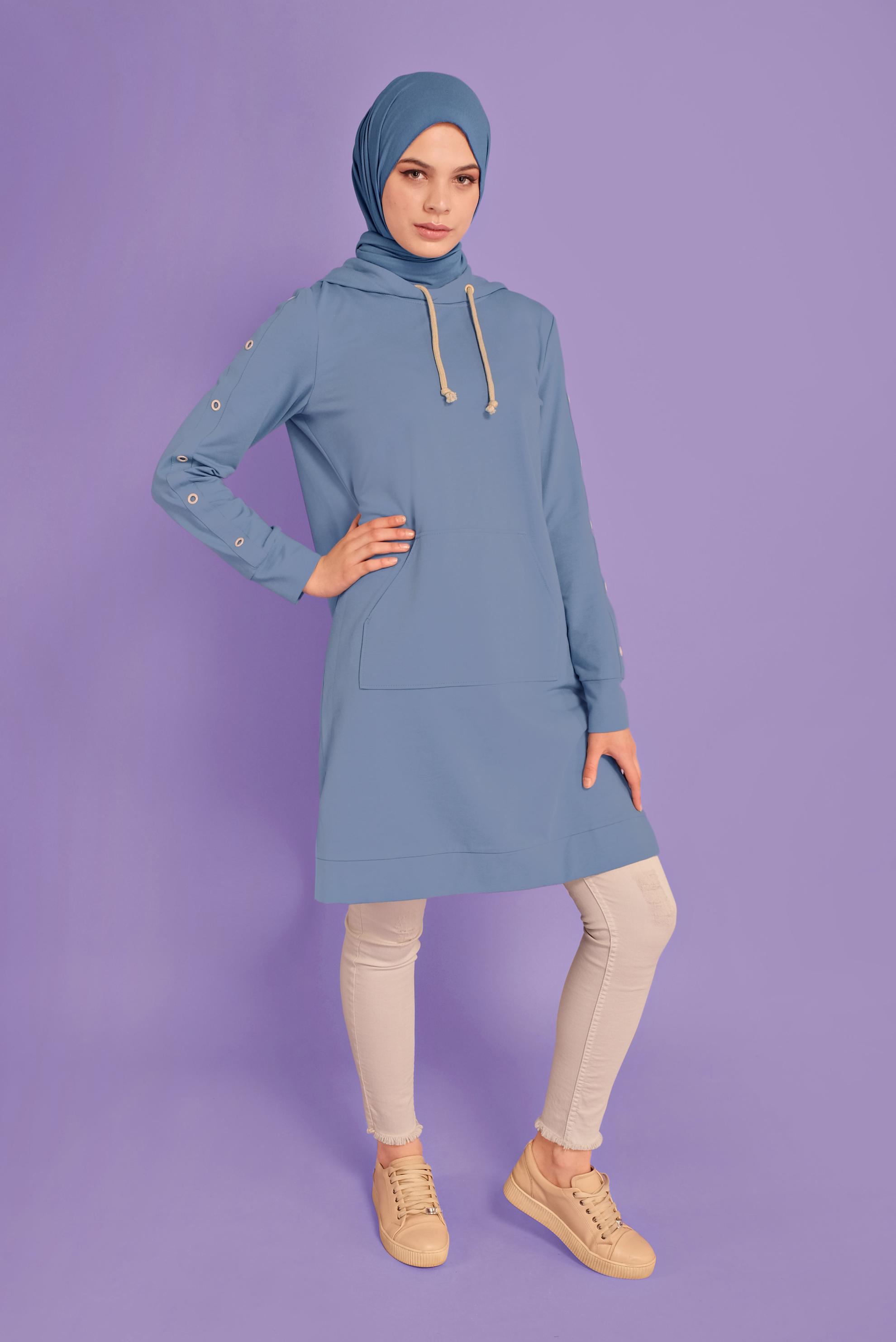 Tesettür giyim MAVİ KUŞGÖZÜ DETAYLI EŞOFMAN TUNİK 41477 