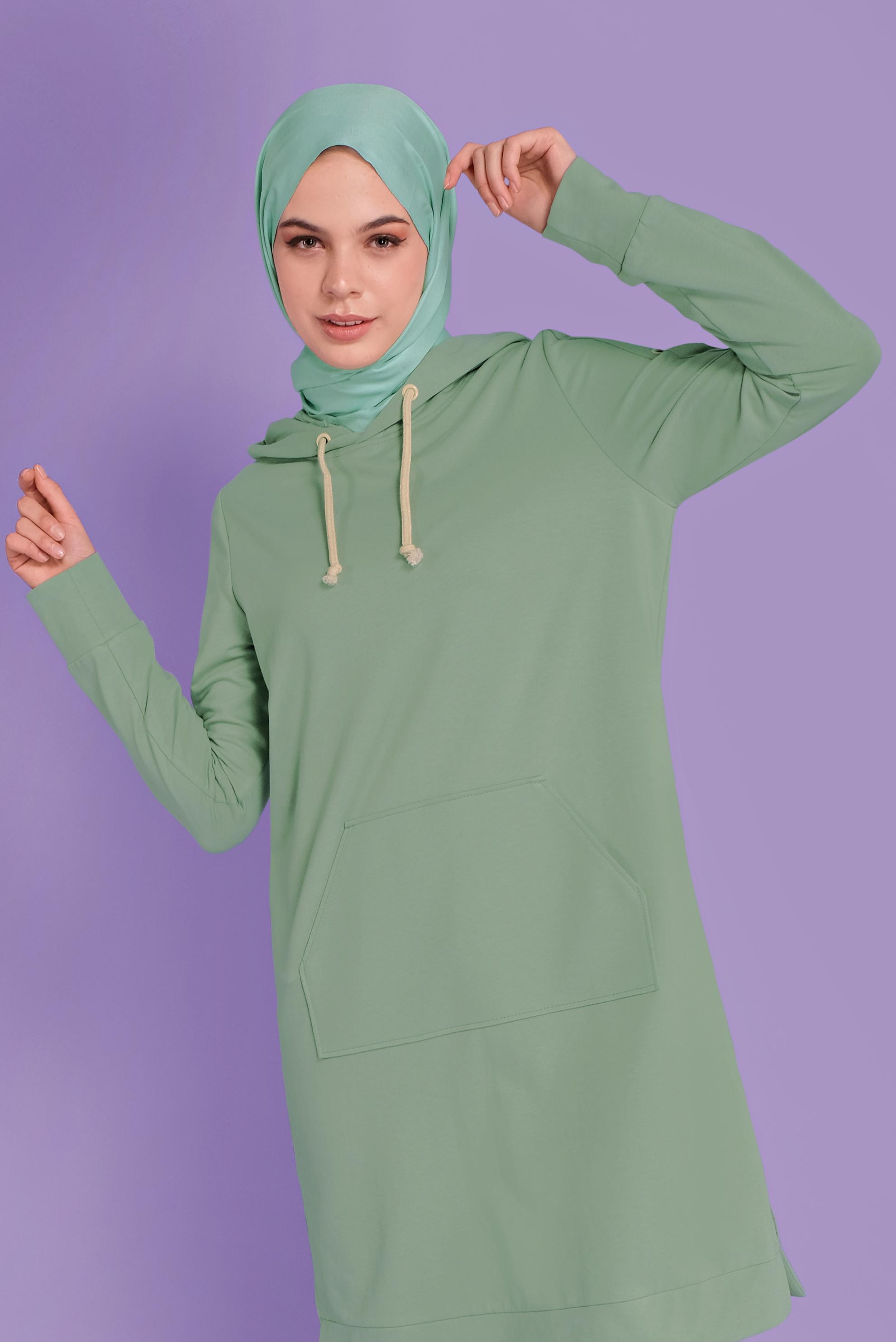 Tesettür giyim YEŞİL KUŞGÖZÜ DETAYLI EŞOFMAN TUNİK 41477 