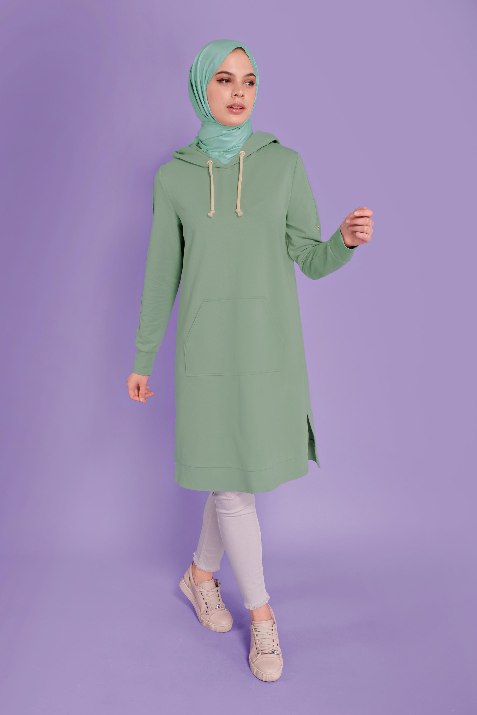 Tesettür giyim YEŞİL KUŞGÖZÜ DETAYLI EŞOFMAN TUNİK 41477 
