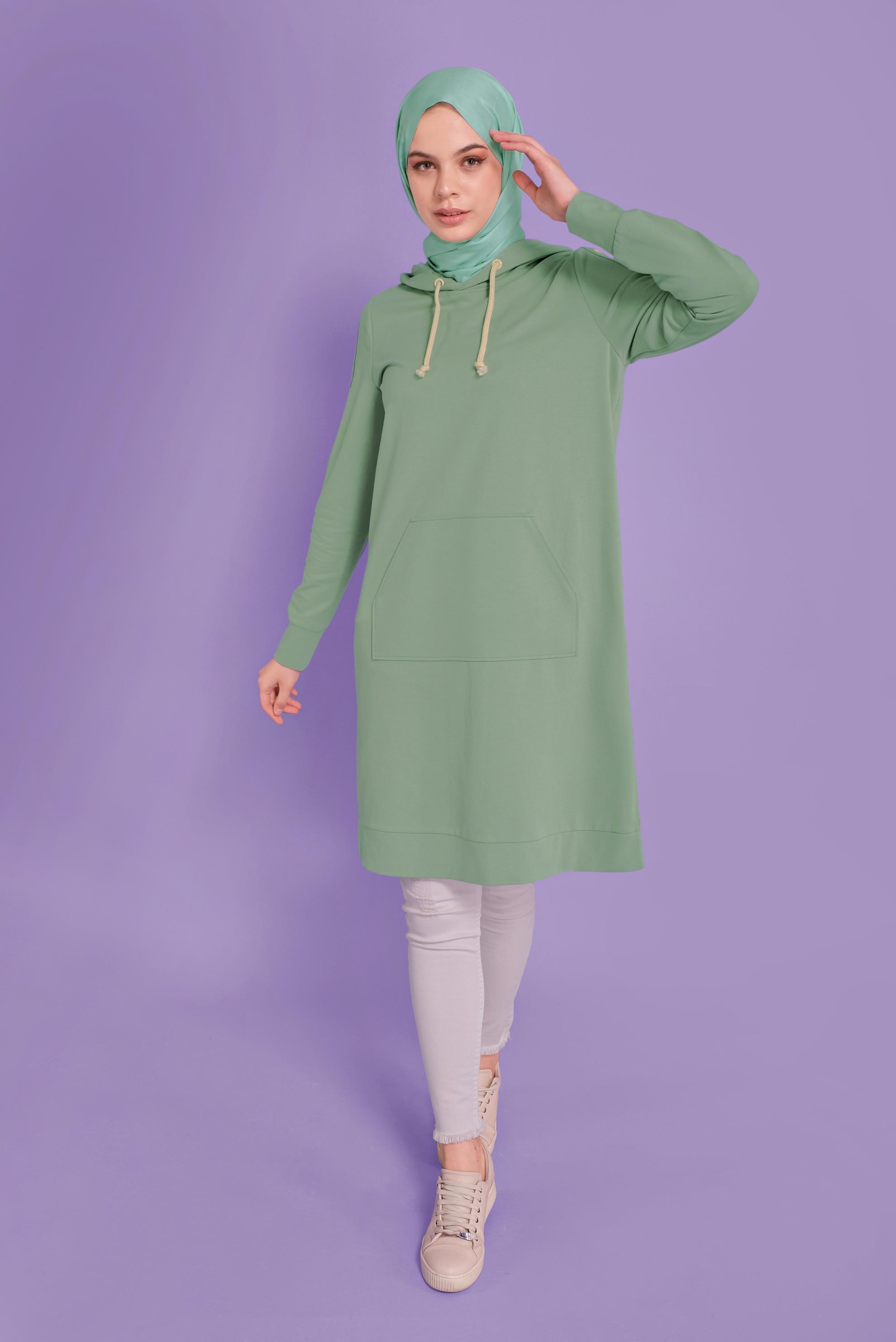 Tesettür giyim YEŞİL KUŞGÖZÜ DETAYLI EŞOFMAN TUNİK 41477 