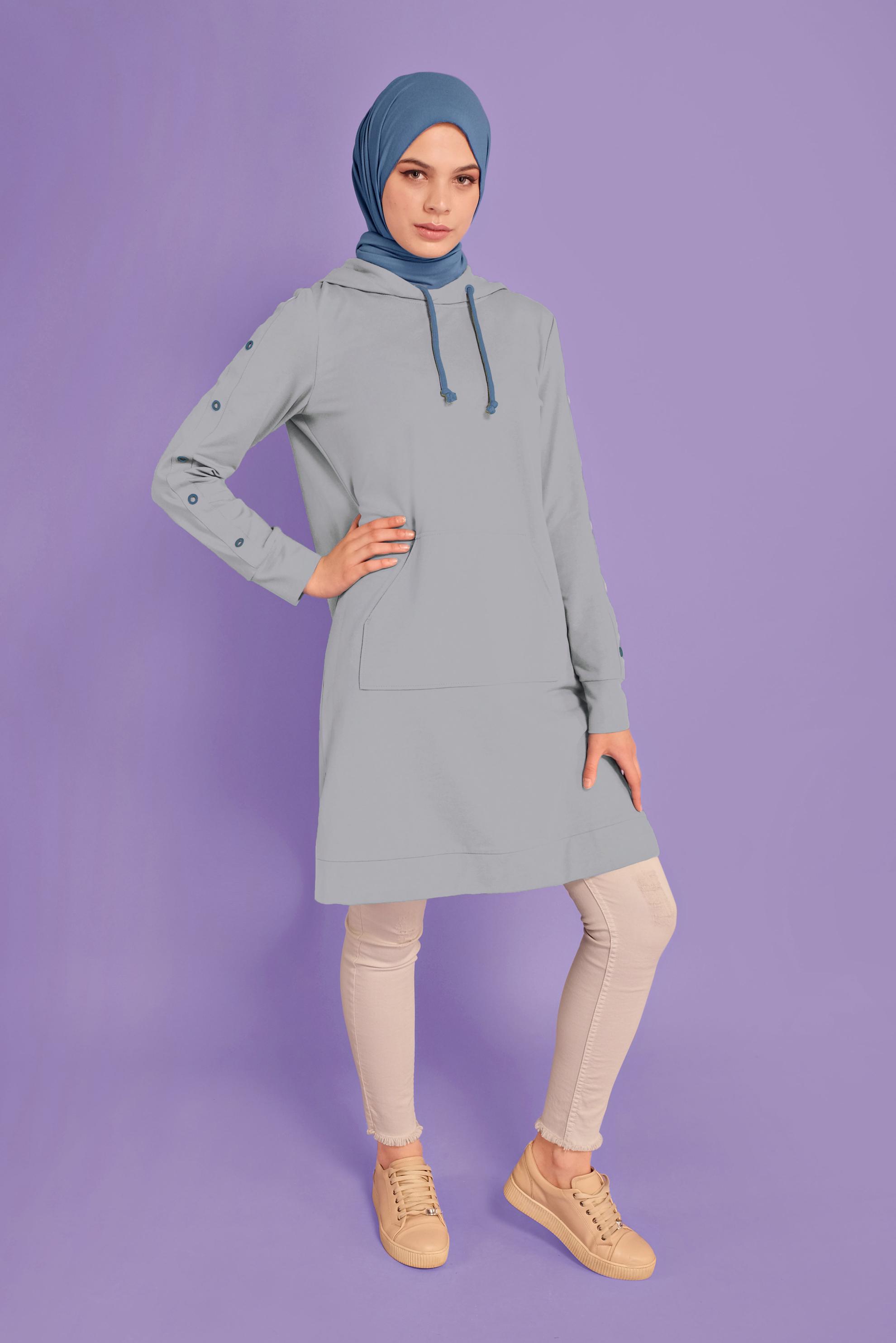 Tesettür giyim GRİ KUŞGÖZÜ DETAYLI EŞOFMAN TUNİK 41477 