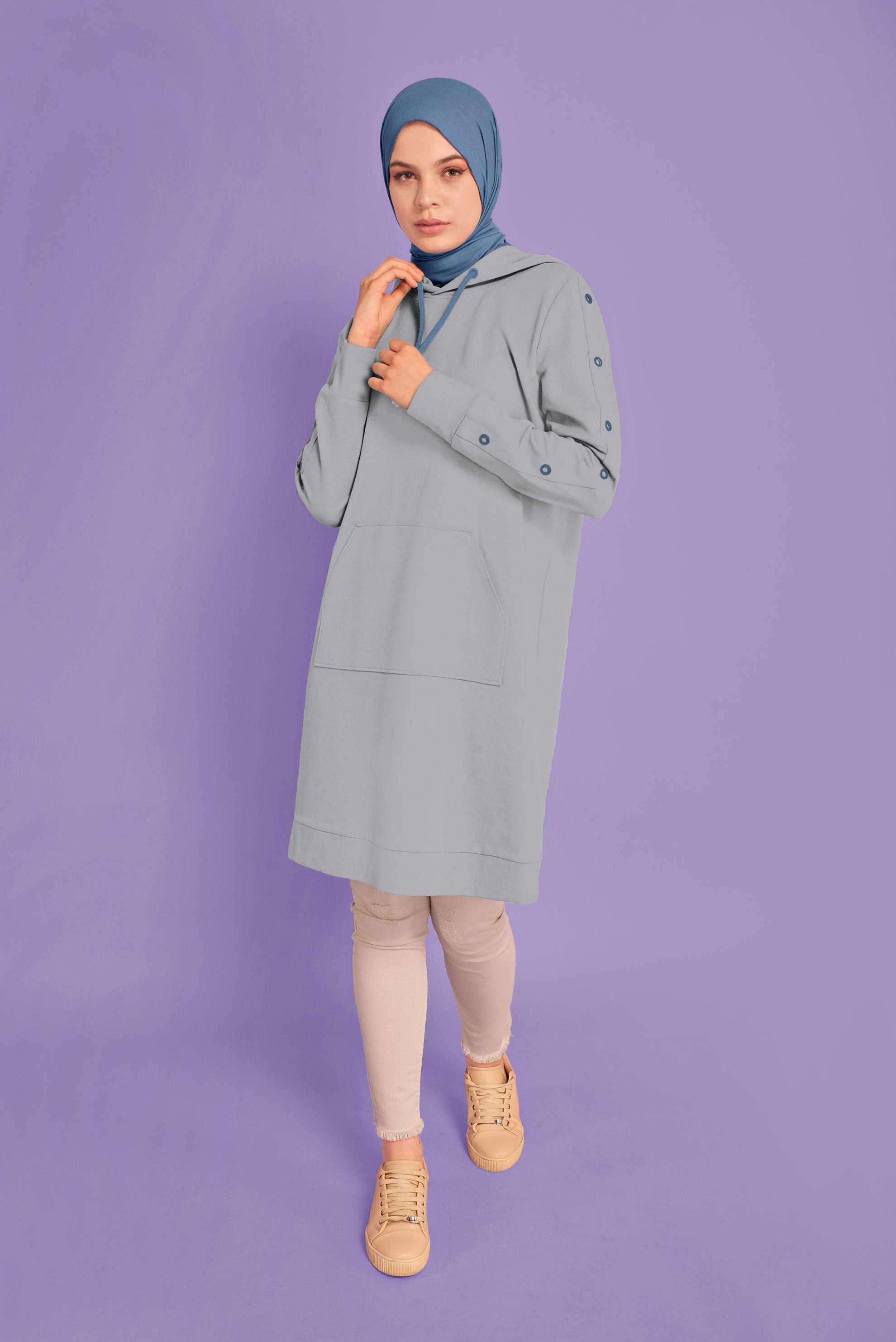 Tesettür giyim GRİ KUŞGÖZÜ DETAYLI EŞOFMAN TUNİK 41477 