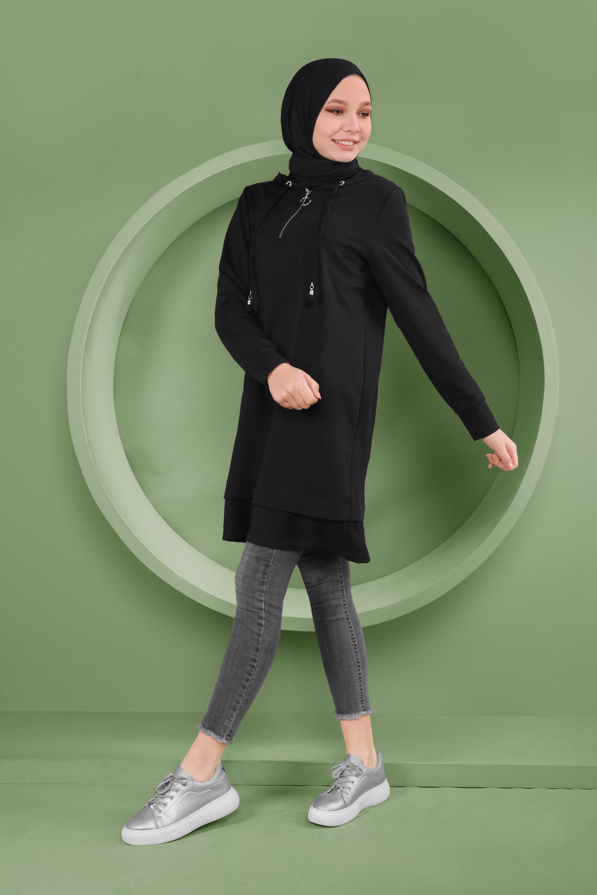 Tesettür giyim SİYAH BASİC KAPÜŞONLU EŞOFMAN TUNİK 41478 