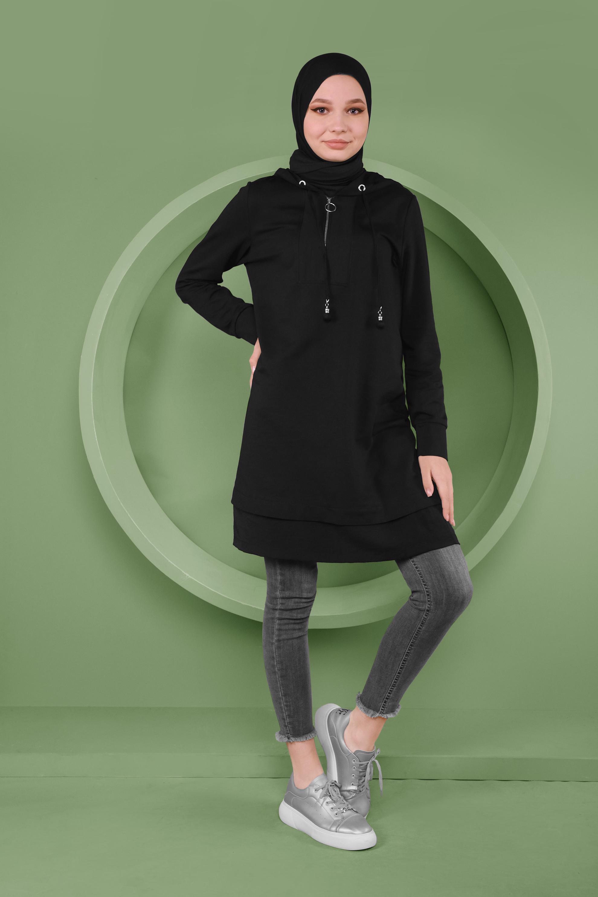 Tesettür giyim SİYAH BASİC KAPÜŞONLU EŞOFMAN TUNİK 41478 