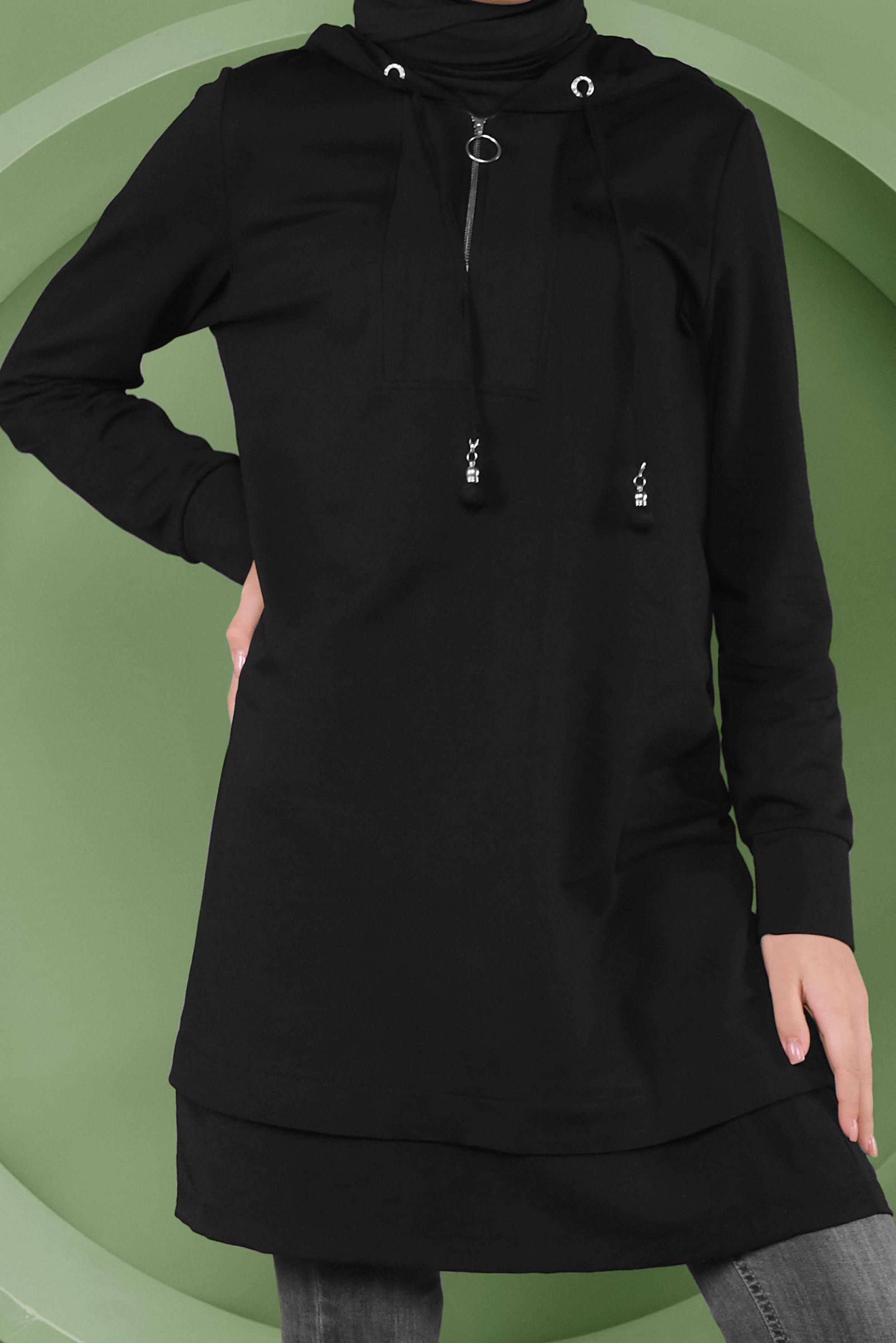 Tesettür giyim SİYAH BASİC KAPÜŞONLU EŞOFMAN TUNİK 41478 