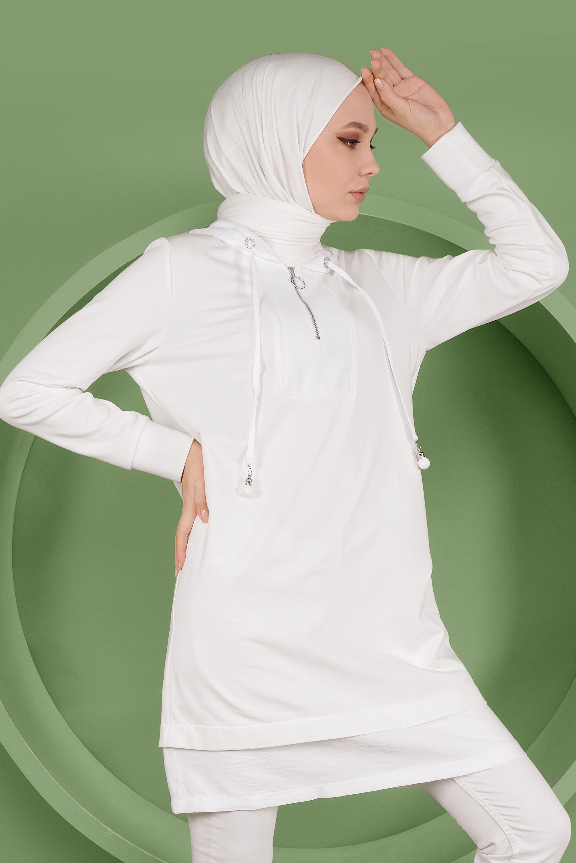 Tesettür giyim BEYAZ BASİC KAPÜŞONLU EŞOFMAN TUNİK 41478 