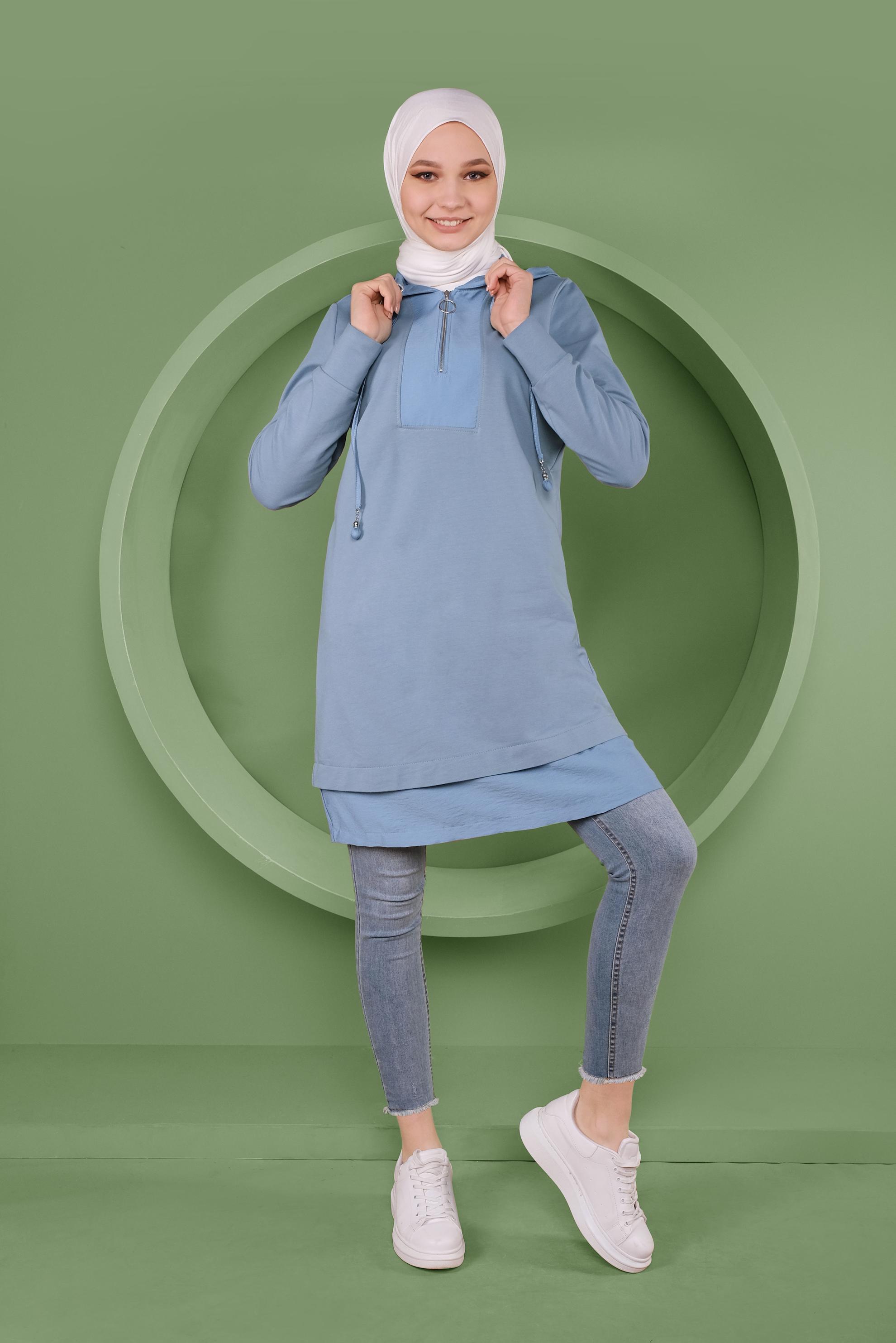 Tesettür giyim MAVİ BASİC KAPÜŞONLU EŞOFMAN TUNİK 41478 