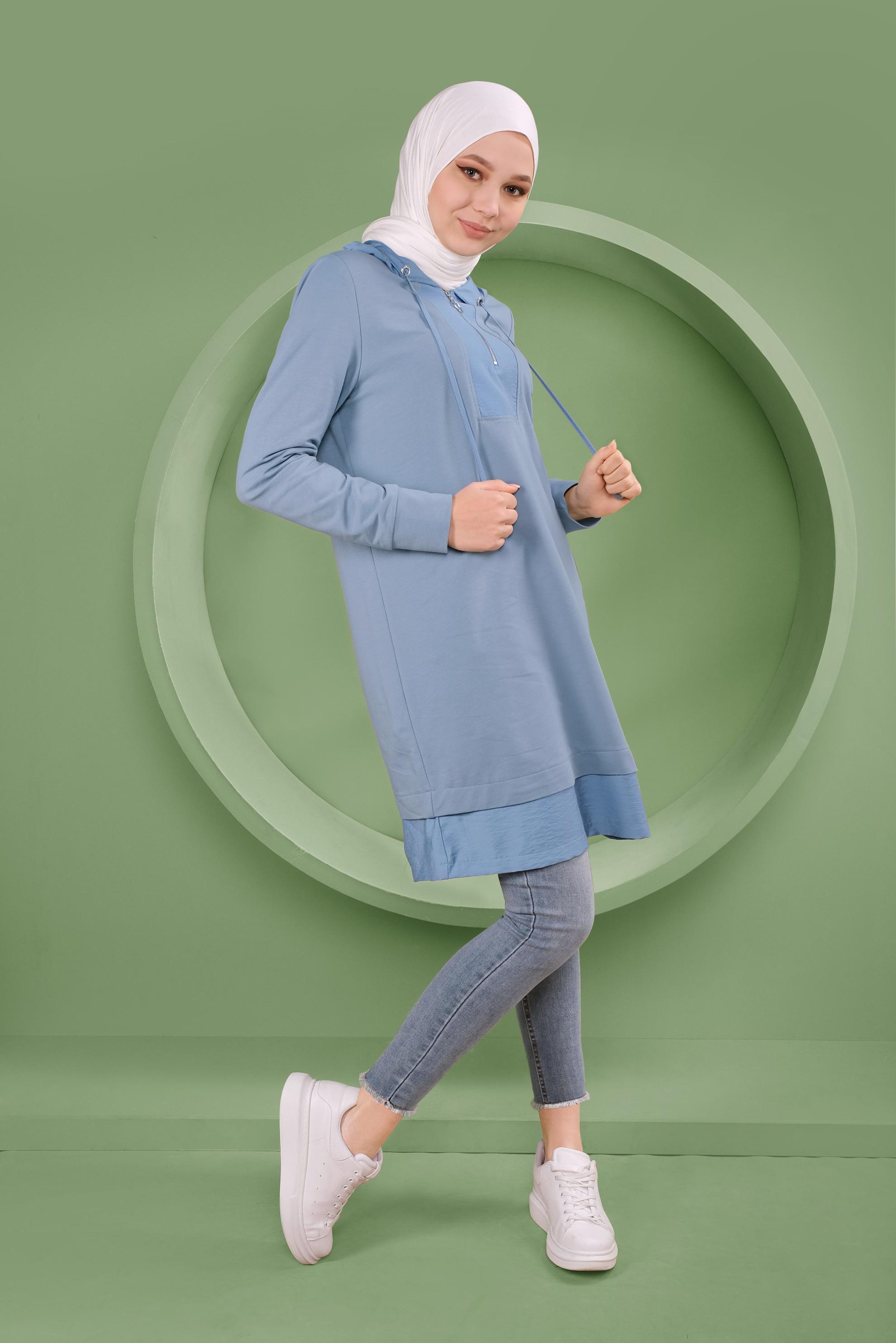 Tesettür giyim MAVİ BASİC KAPÜŞONLU EŞOFMAN TUNİK 41478 