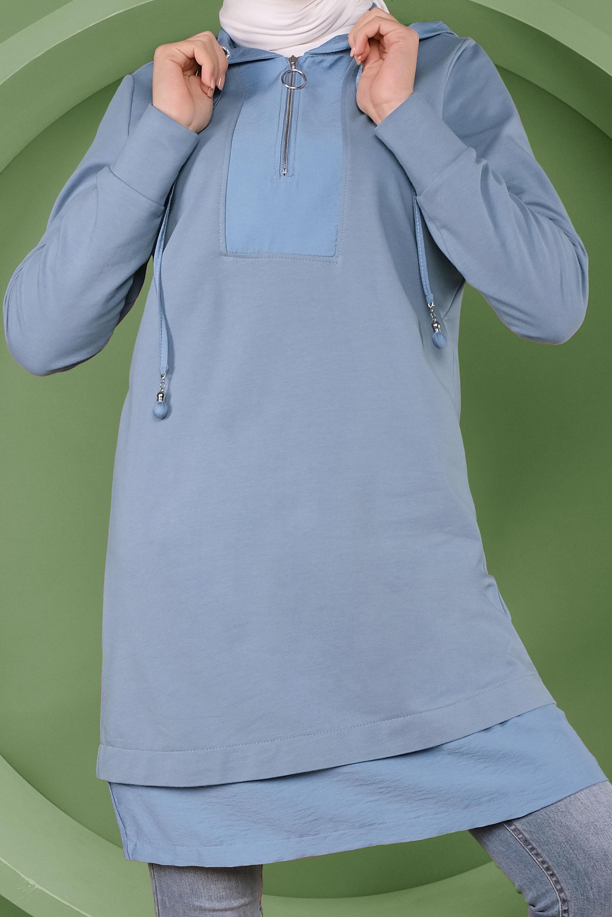 Tesettür giyim MAVİ BASİC KAPÜŞONLU EŞOFMAN TUNİK 41478 
