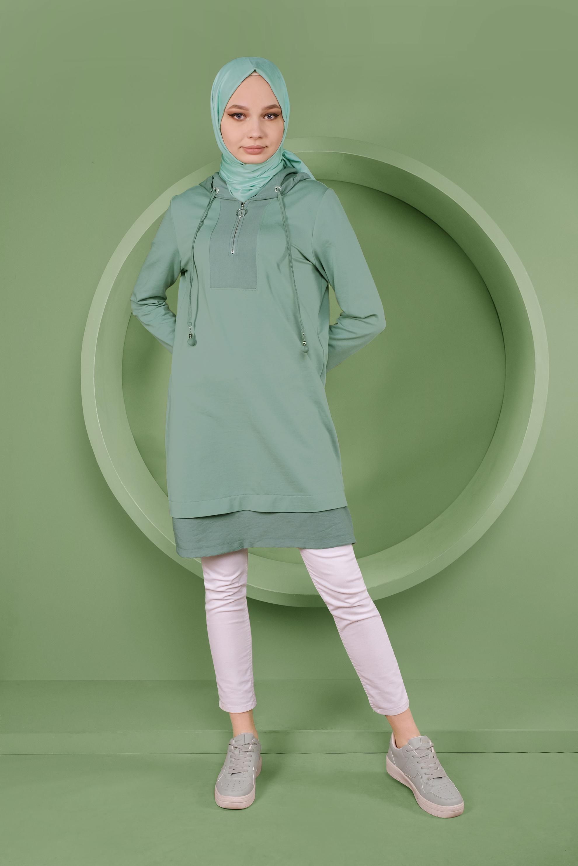 Tesettür giyim YEŞİL BASİC KAPÜŞONLU EŞOFMAN TUNİK 41478 