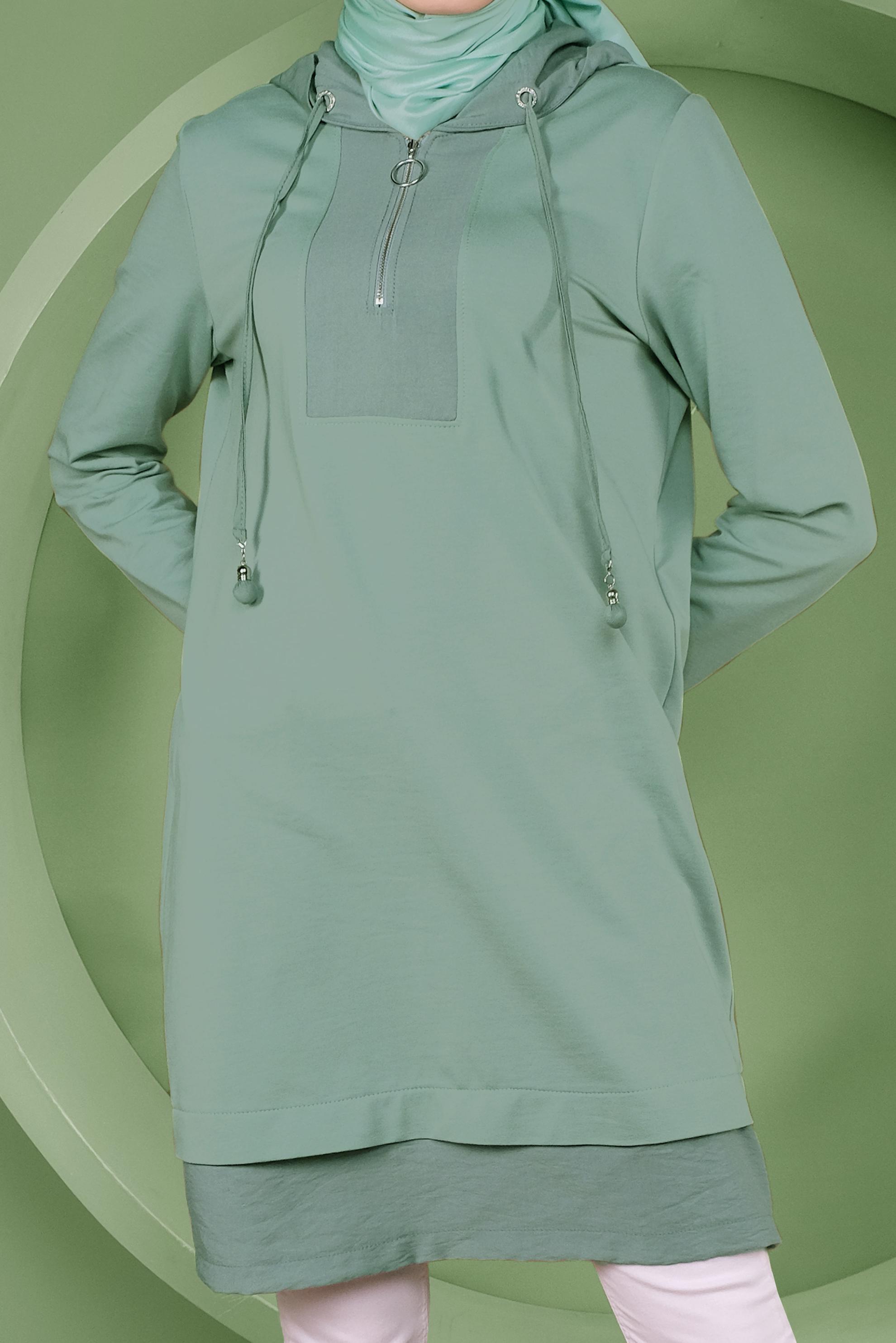Tesettür giyim YEŞİL BASİC KAPÜŞONLU EŞOFMAN TUNİK 41478 