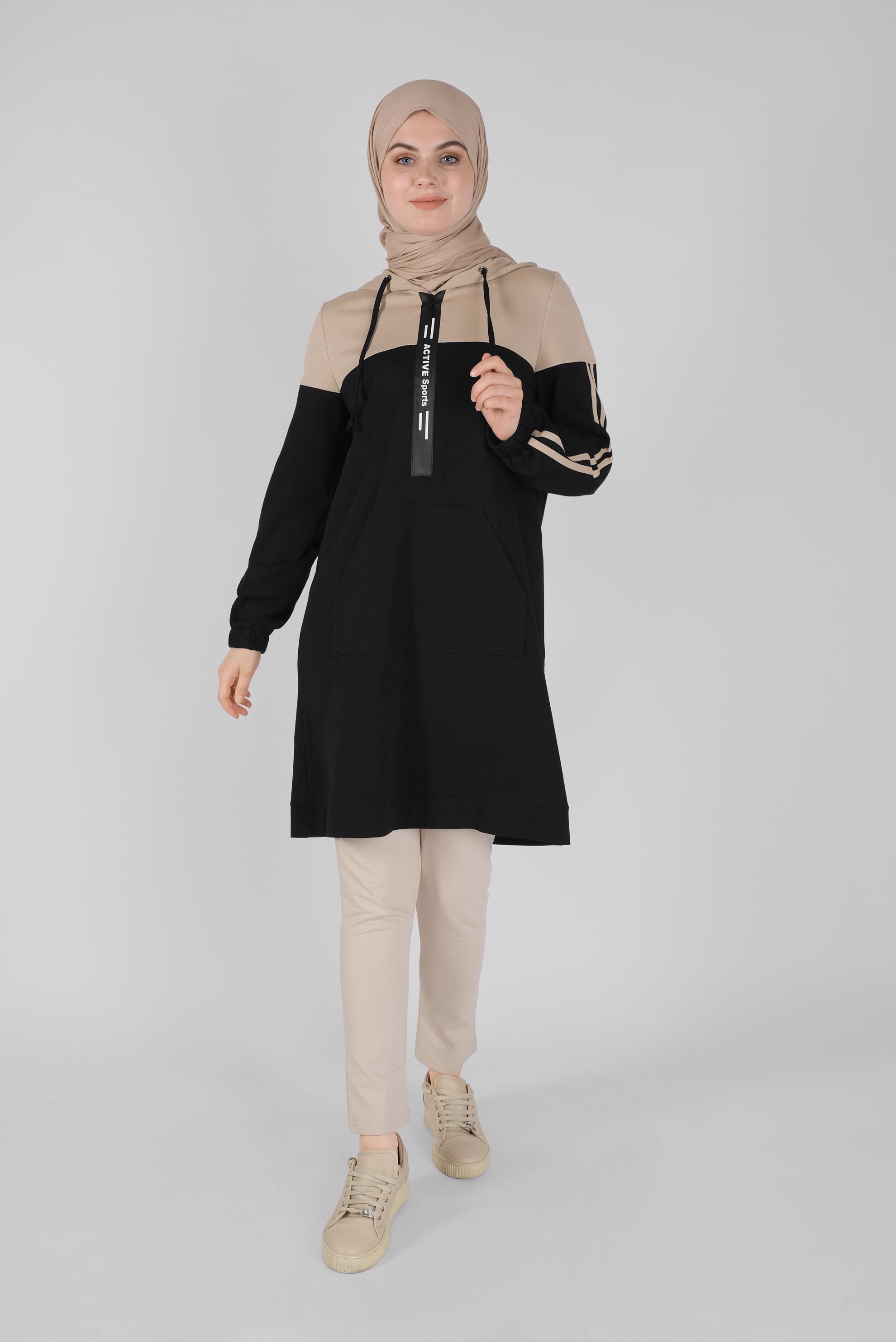 Tesettür giyim BEJ ŞERİT DETAYLI EŞOFMAN TUNİK 41479 