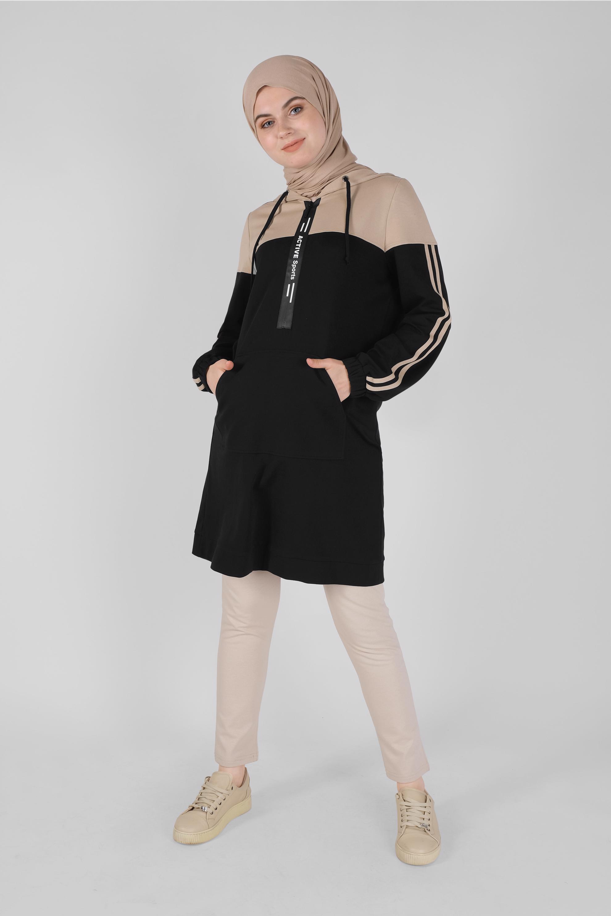 Tesettür giyim BEJ ŞERİT DETAYLI EŞOFMAN TUNİK 41479 