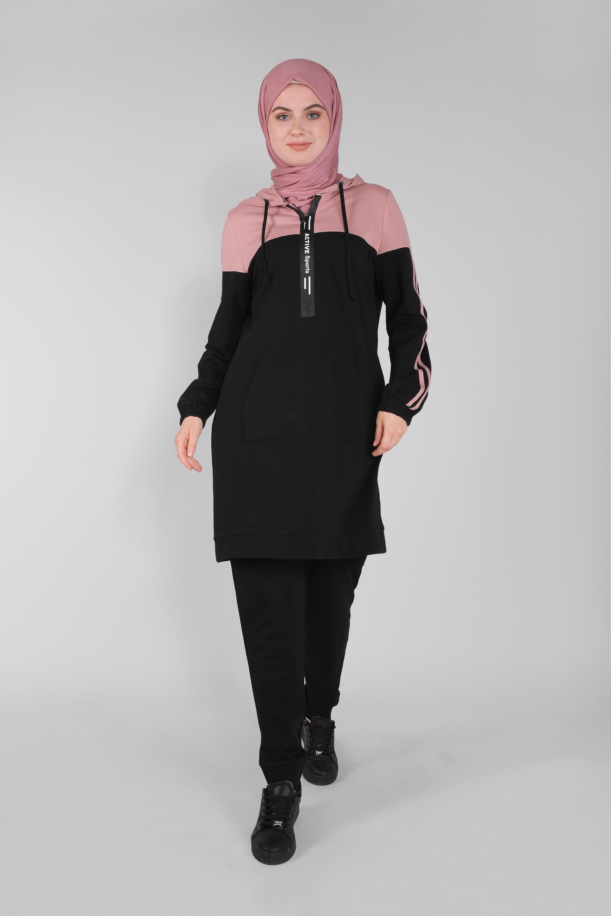 Tesettür giyim PEMBE ŞERİT DETAYLI EŞOFMAN TUNİK 41479 