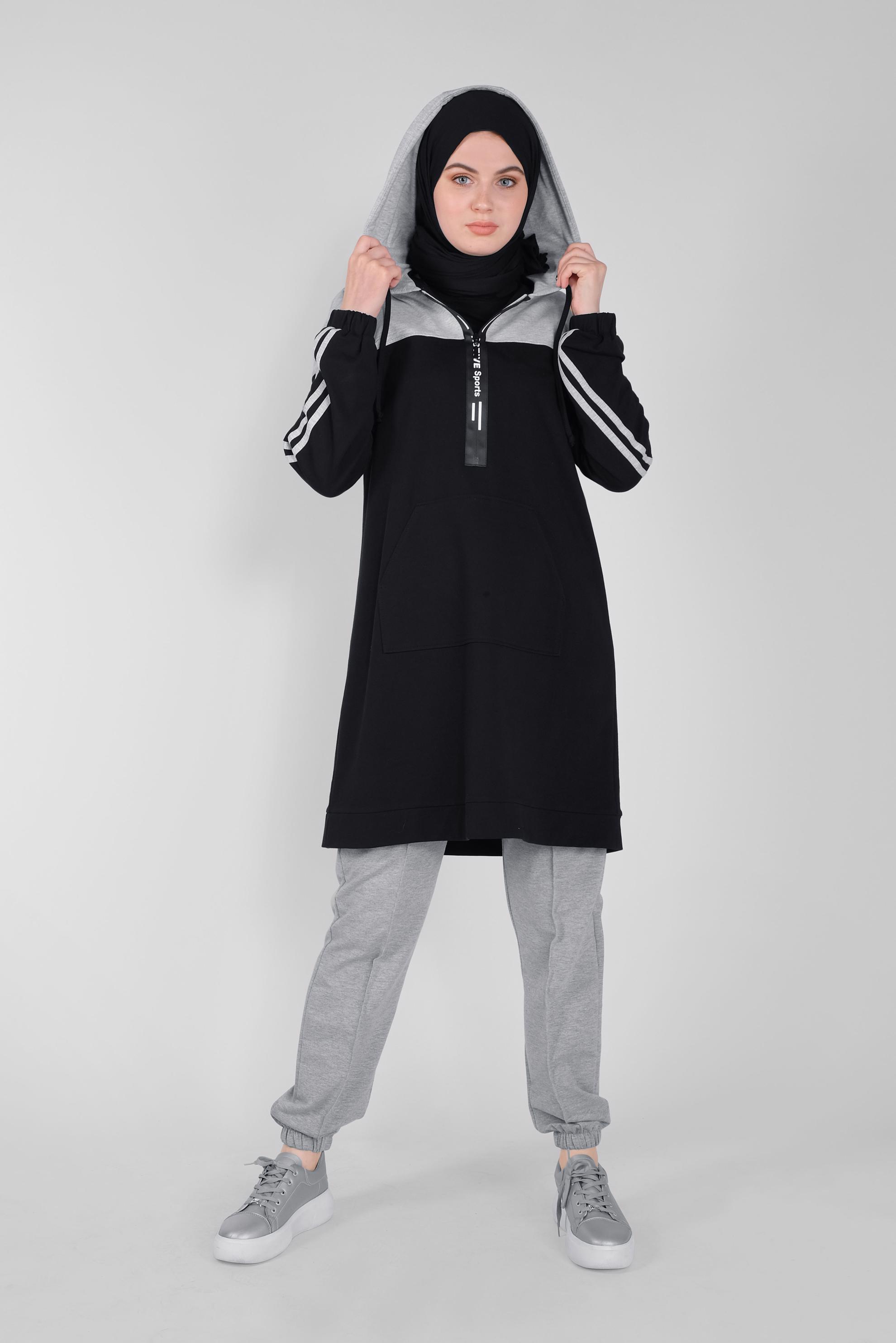 Tesettür giyim GRİ ŞERİT DETAYLI EŞOFMAN TUNİK 41479 