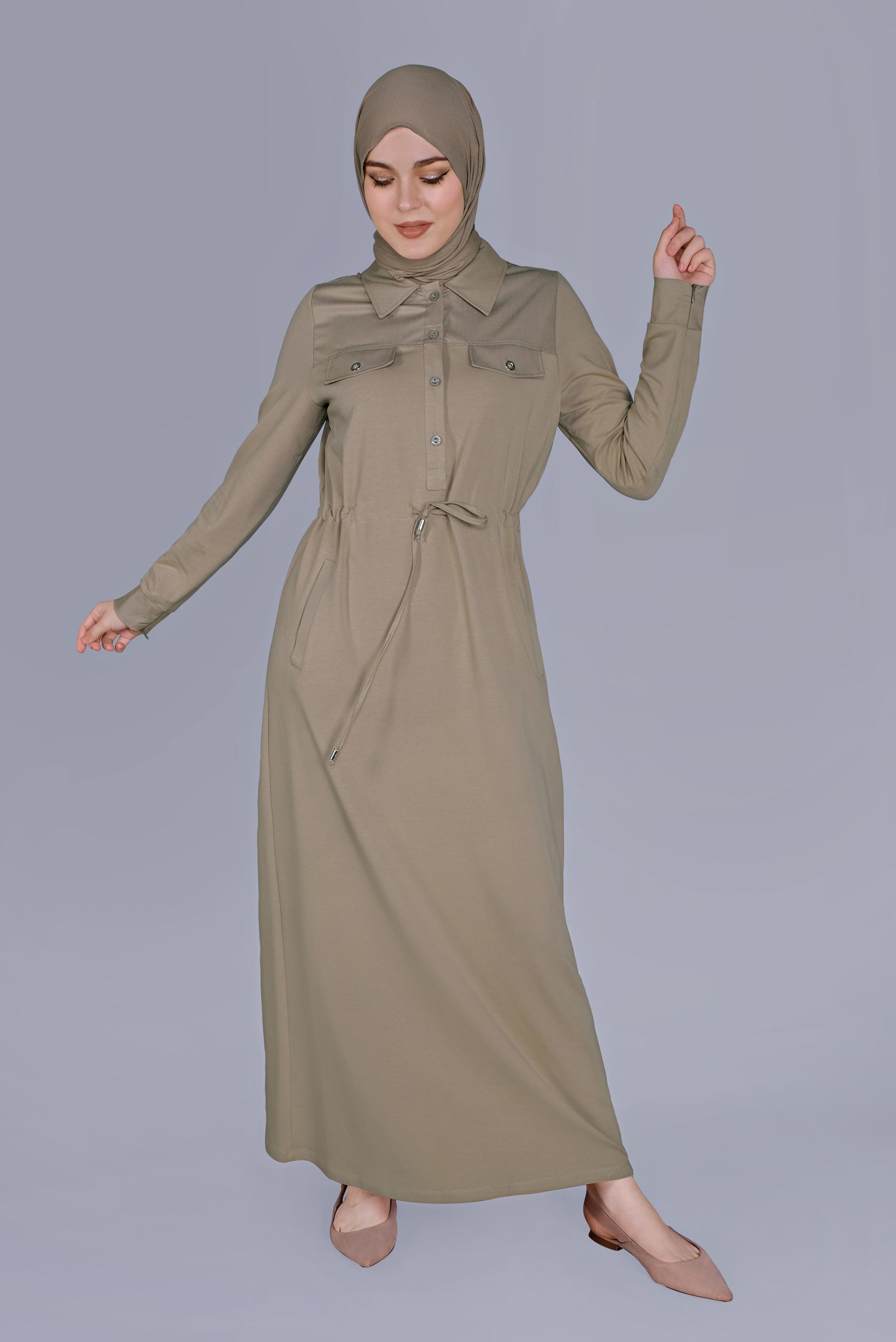 Hijab clothing BEIGE TIE DETAIL BUTTONED TRACKSUIT DRESS 41480 