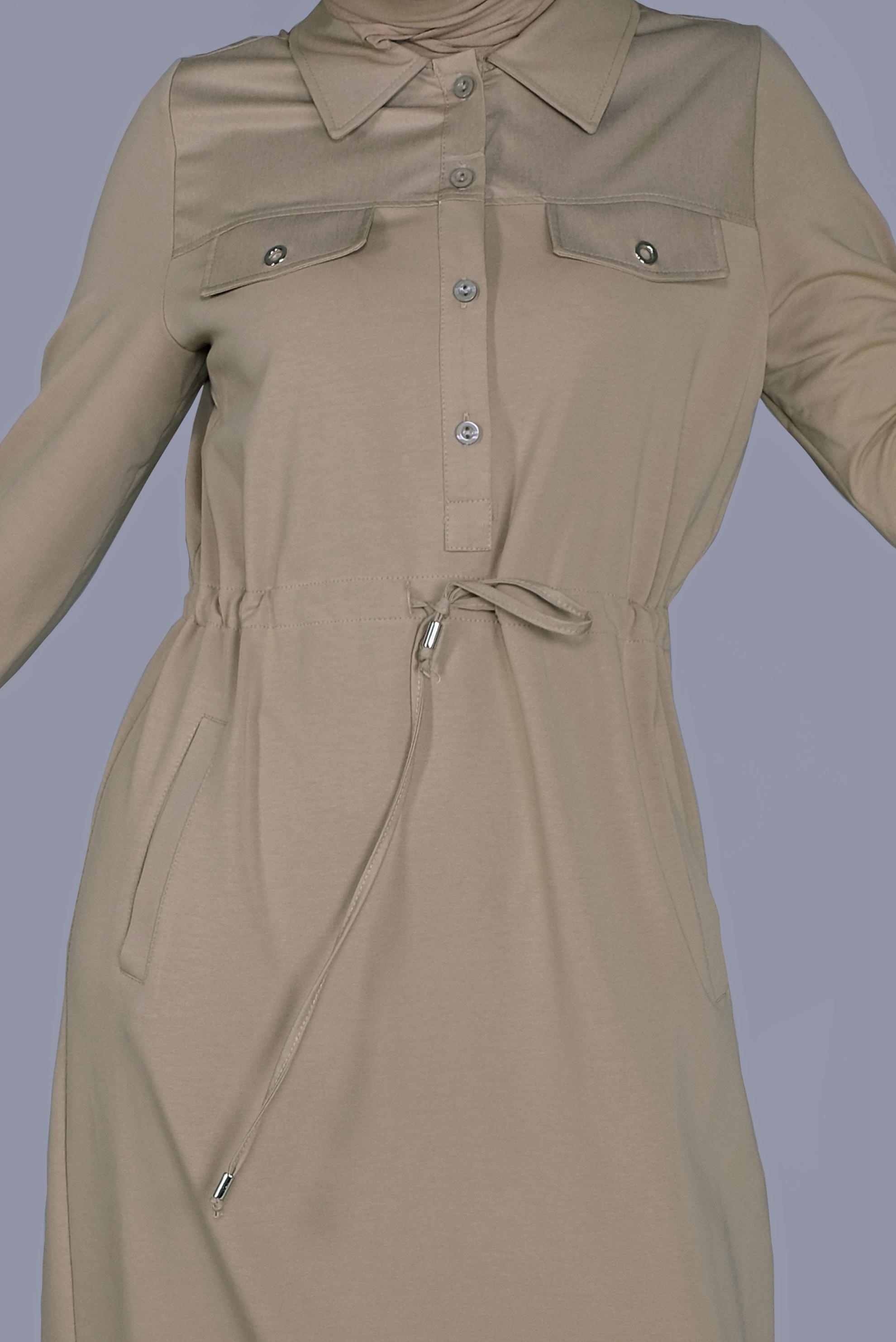 Hijab clothing BEIGE TIE DETAIL BUTTONED TRACKSUIT DRESS 41480 