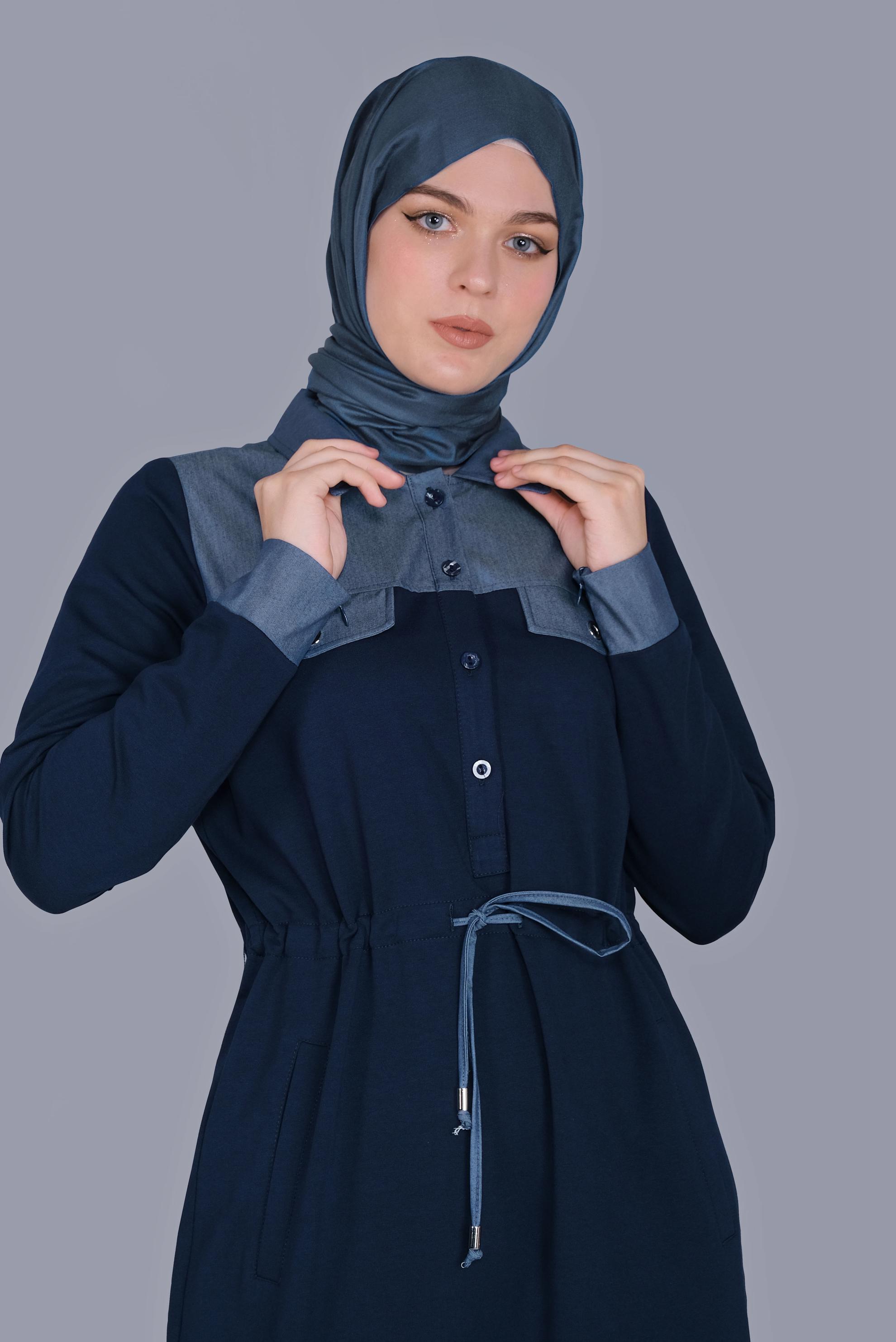Hijab clothing NAVY BLUE TIE DETAIL BUTTONED TRACKSUIT DRESS 41480 