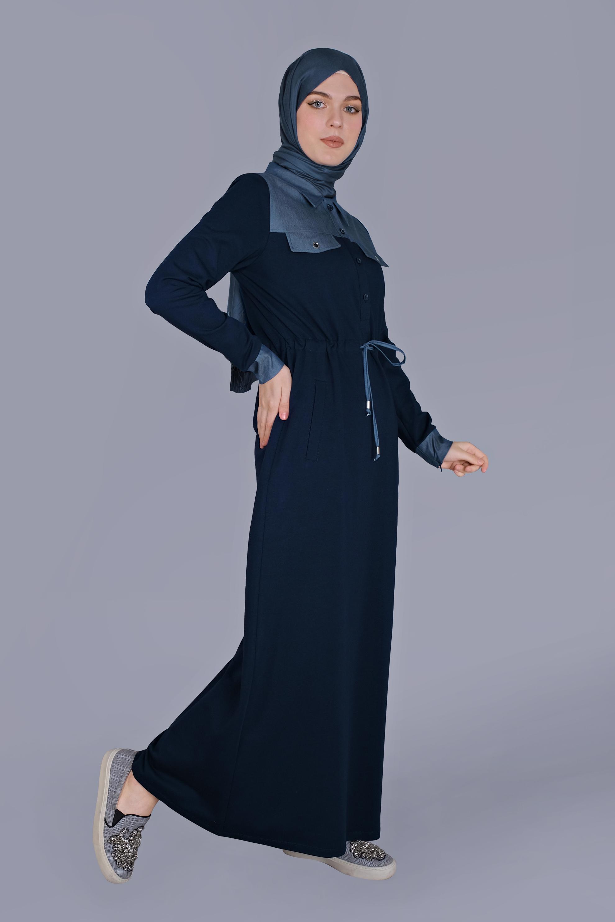 Hijab clothing NAVY BLUE TIE DETAIL BUTTONED TRACKSUIT DRESS 41480 