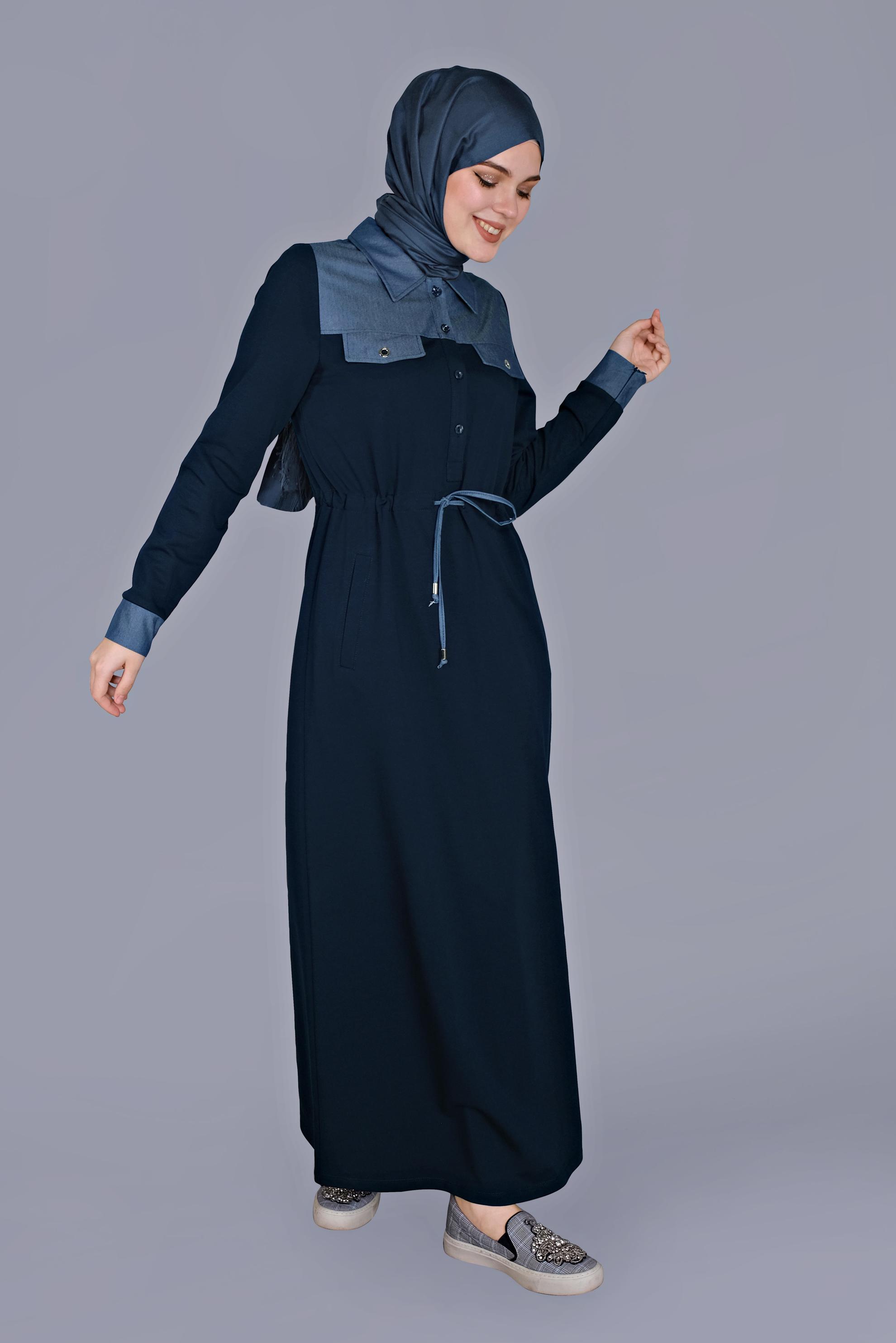 Hijab clothing NAVY BLUE TIE DETAIL BUTTONED TRACKSUIT DRESS 41480 
