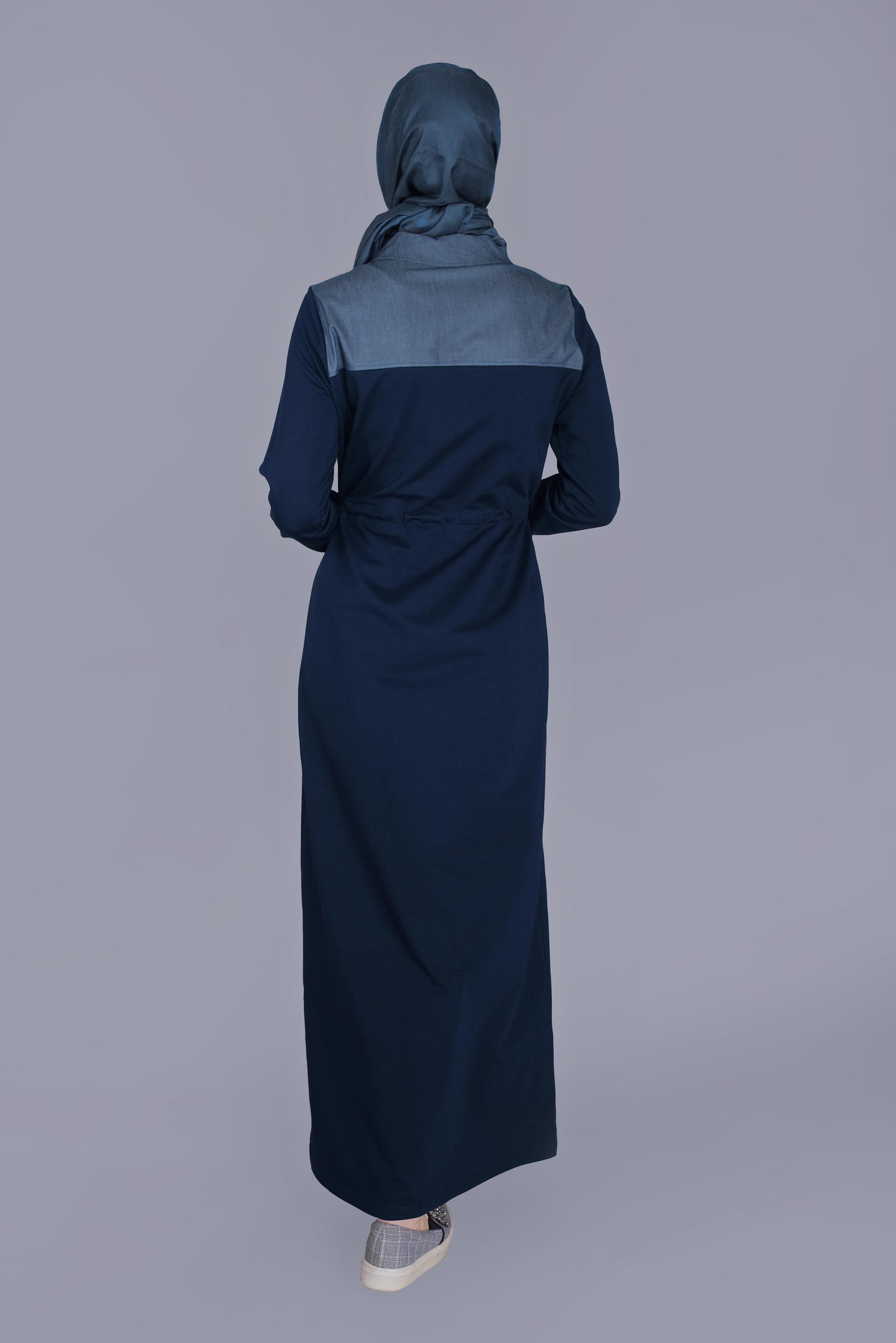 Hijab clothing NAVY BLUE TIE DETAIL BUTTONED TRACKSUIT DRESS 41480 