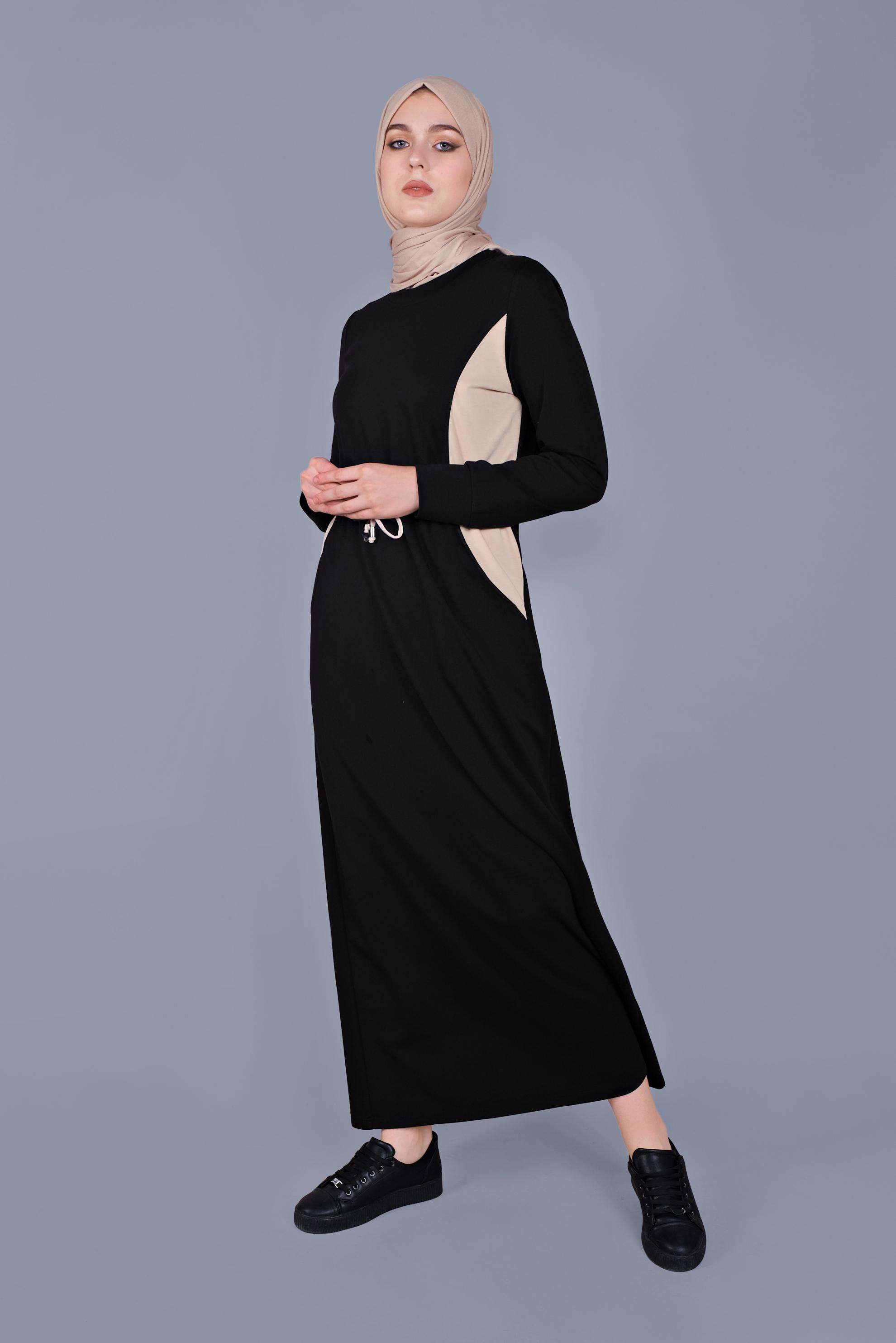 Tesettür giyim SİYAH BELİ BAĞCIKLI EŞOFMAN ELBİSE 41481 