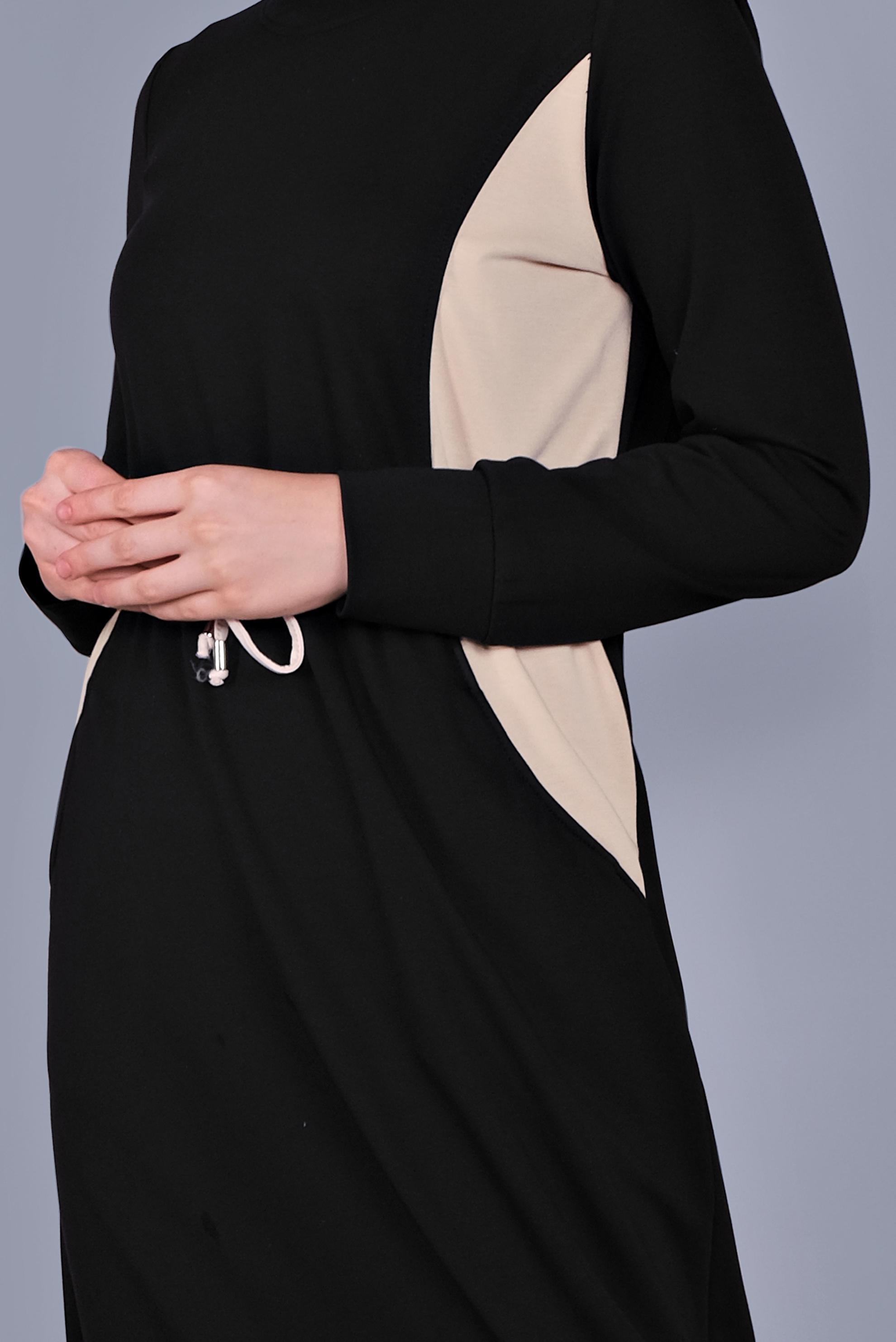 Tesettür giyim SİYAH BELİ BAĞCIKLI EŞOFMAN ELBİSE 41481 