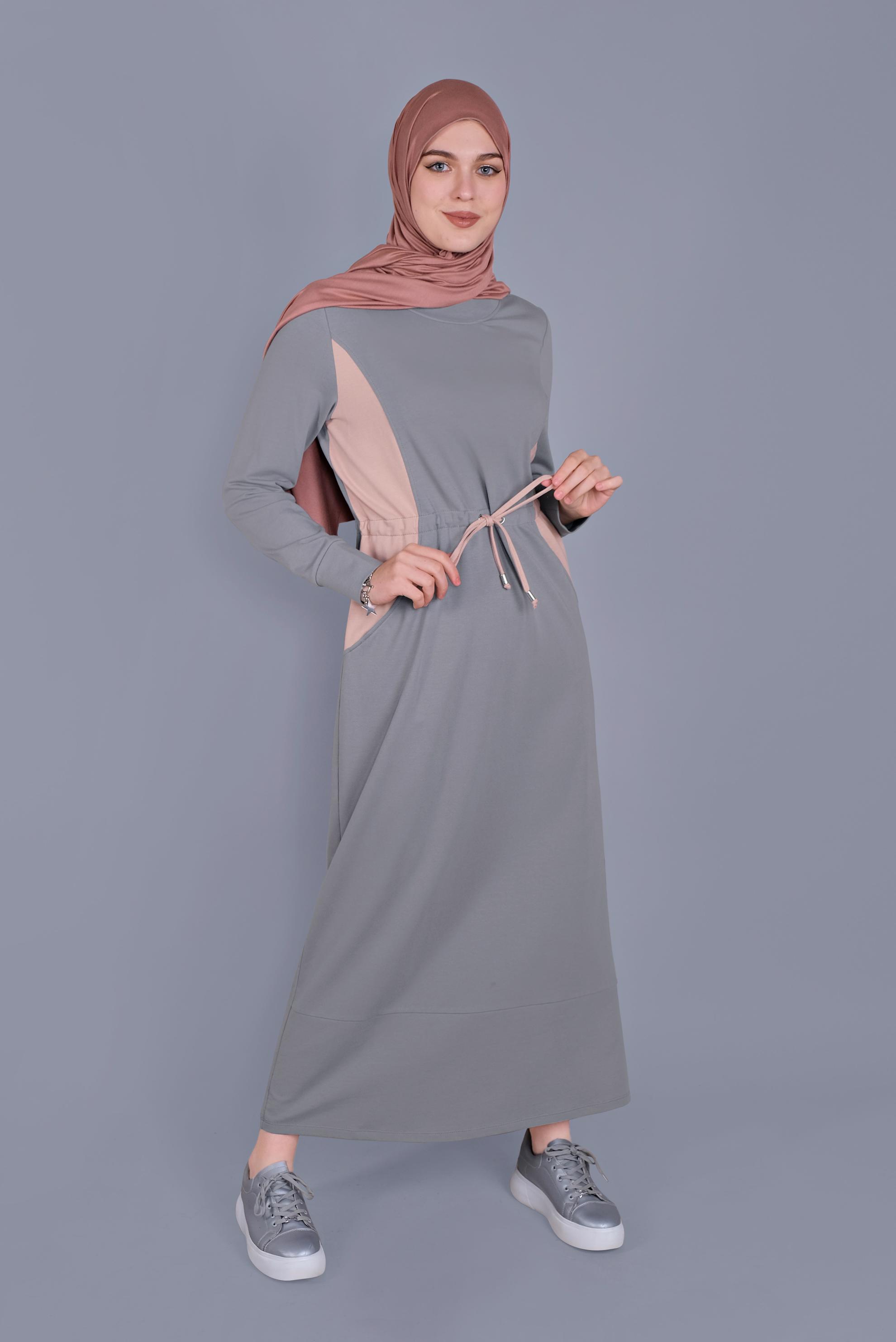 Tesettür giyim GRİ BELİ BAĞCIKLI EŞOFMAN ELBİSE 41481 