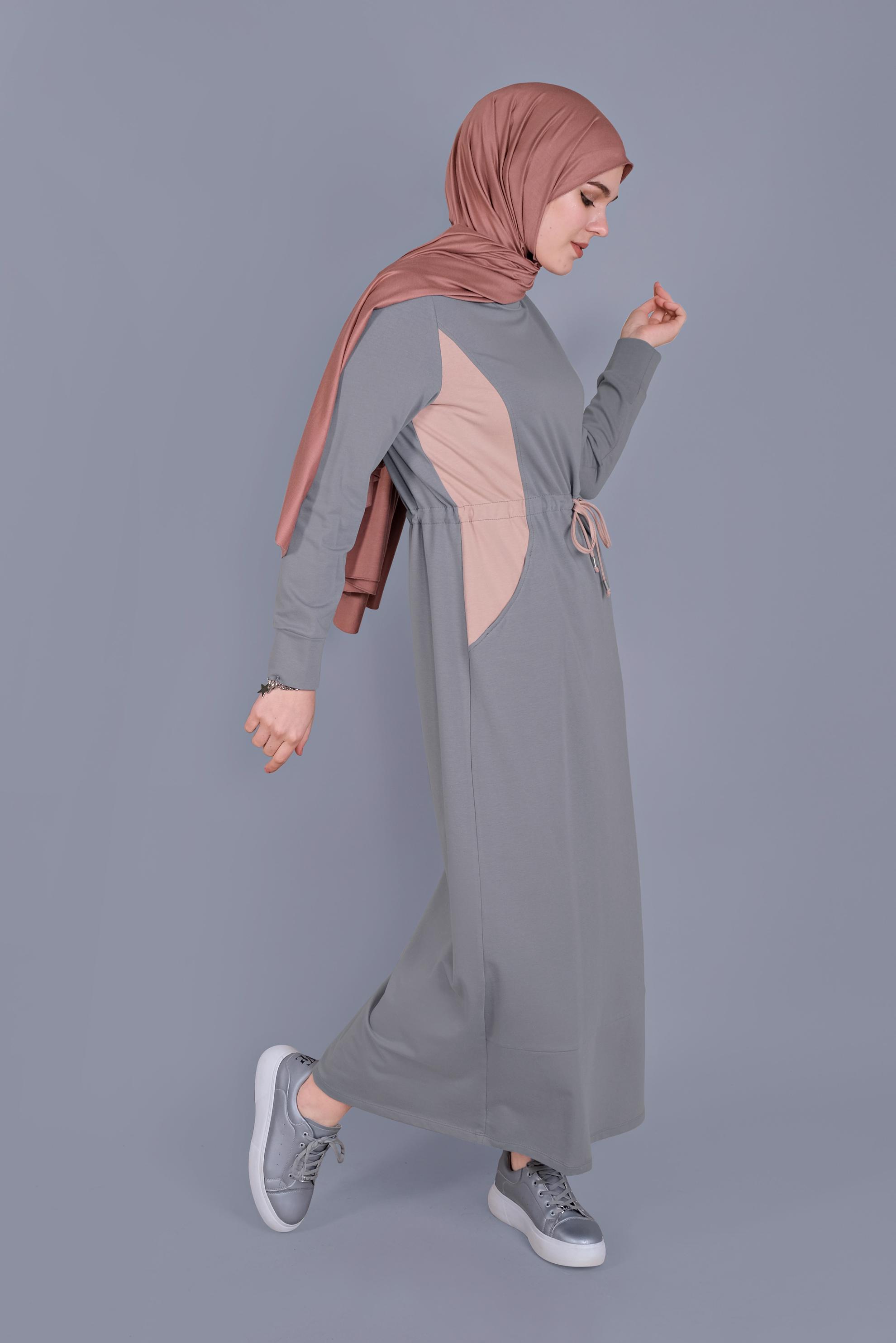 Tesettür giyim GRİ BELİ BAĞCIKLI EŞOFMAN ELBİSE 41481 