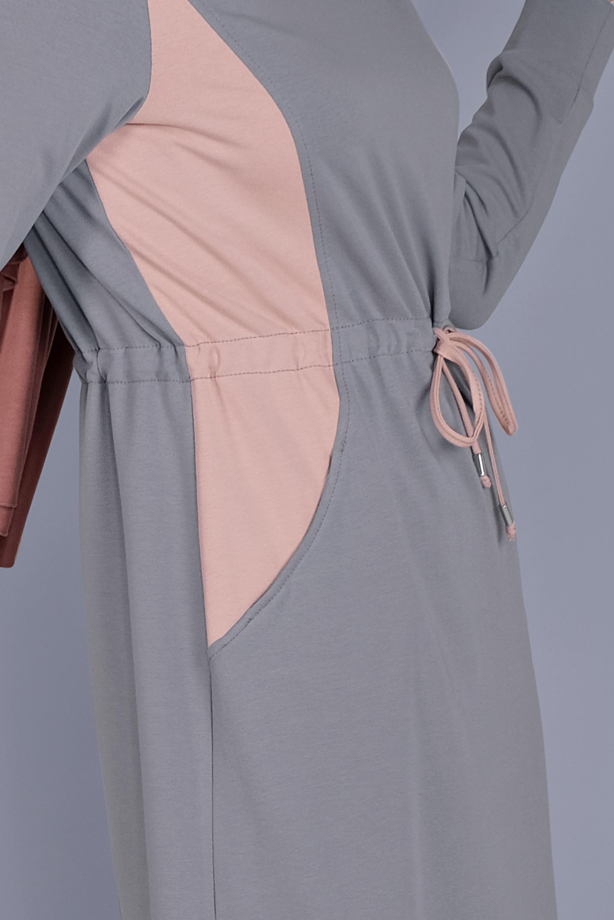 Tesettür giyim GRİ BELİ BAĞCIKLI EŞOFMAN ELBİSE 41481 