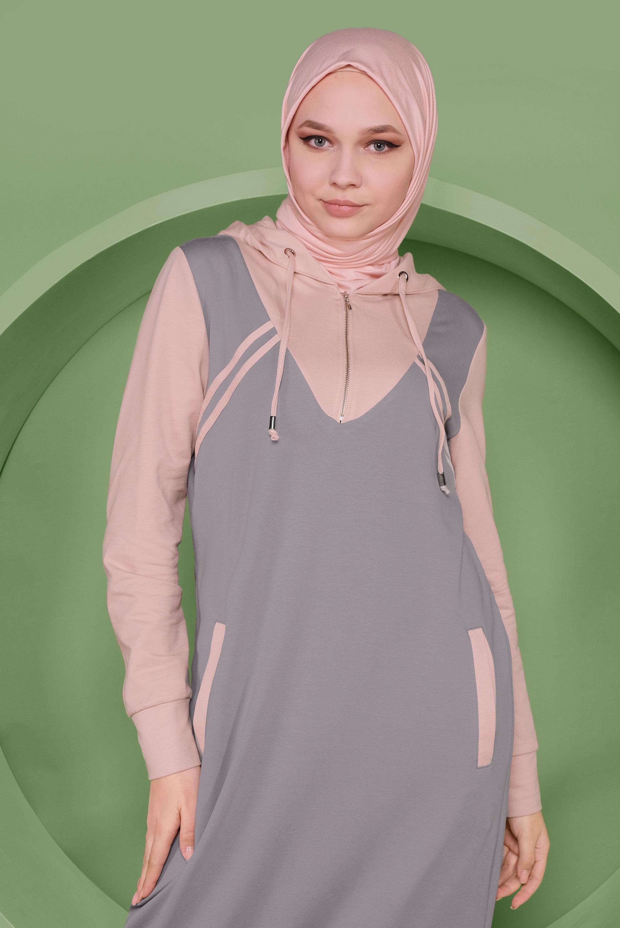 Hijab clothing GREY STRIPE DETAIL HOODED TRACKSUIT DRESS 41482 
