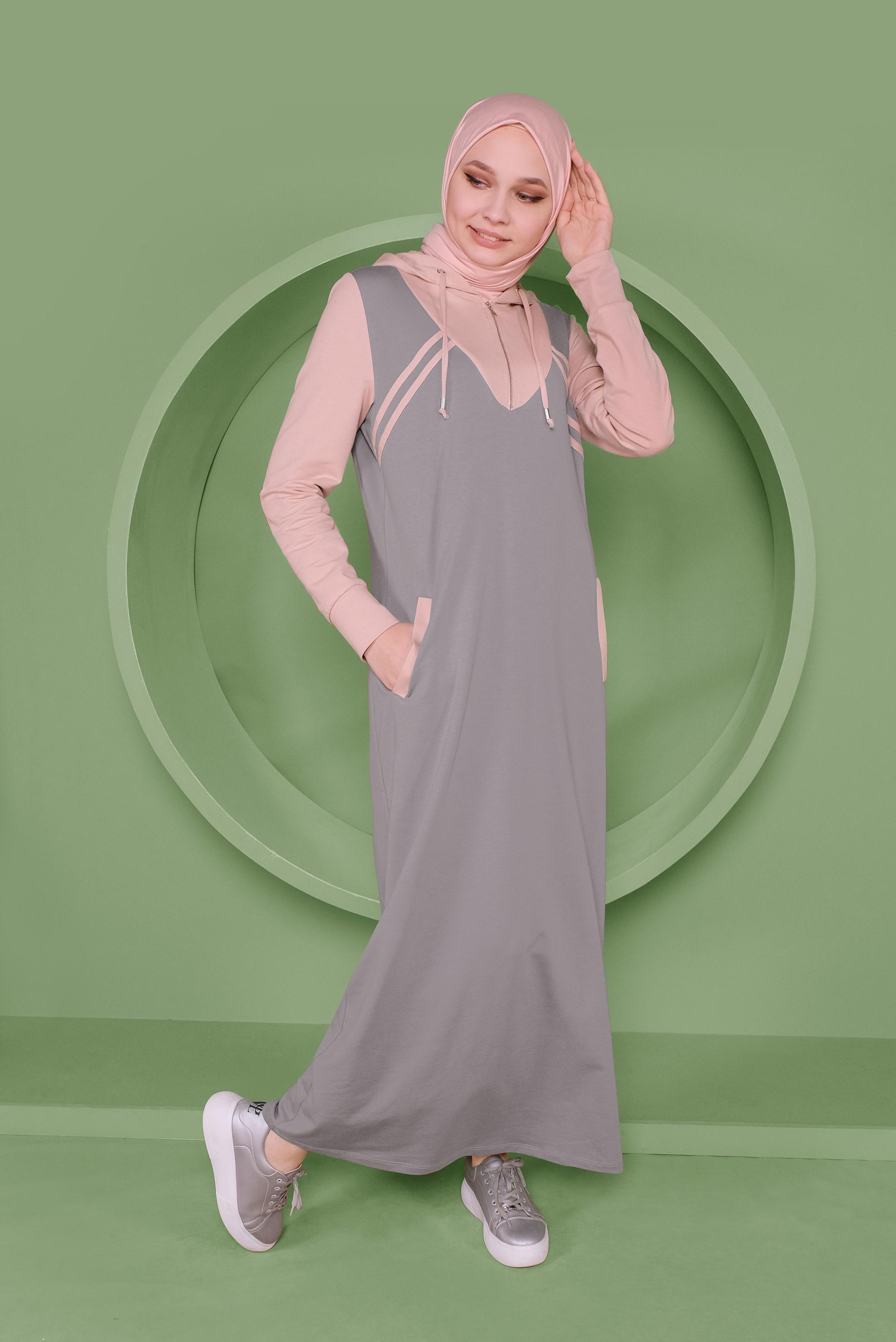 Hijab clothing GREY STRIPE DETAIL HOODED TRACKSUIT DRESS 41482 