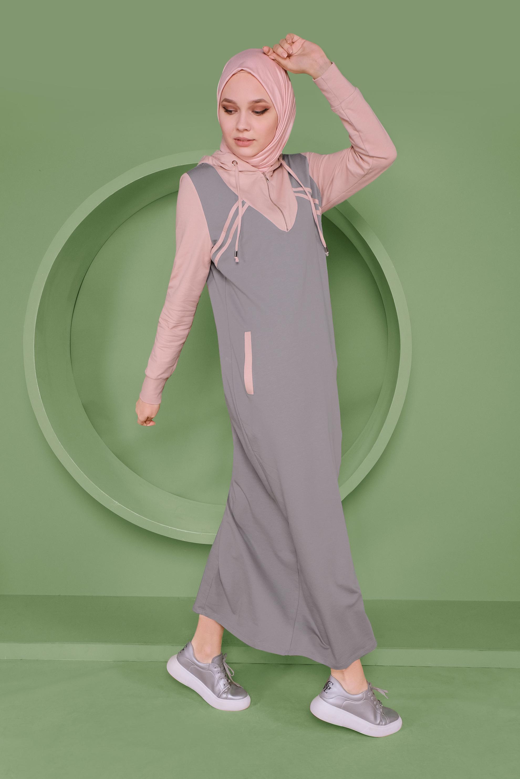 Hijab clothing GREY STRIPE DETAIL HOODED TRACKSUIT DRESS 41482 