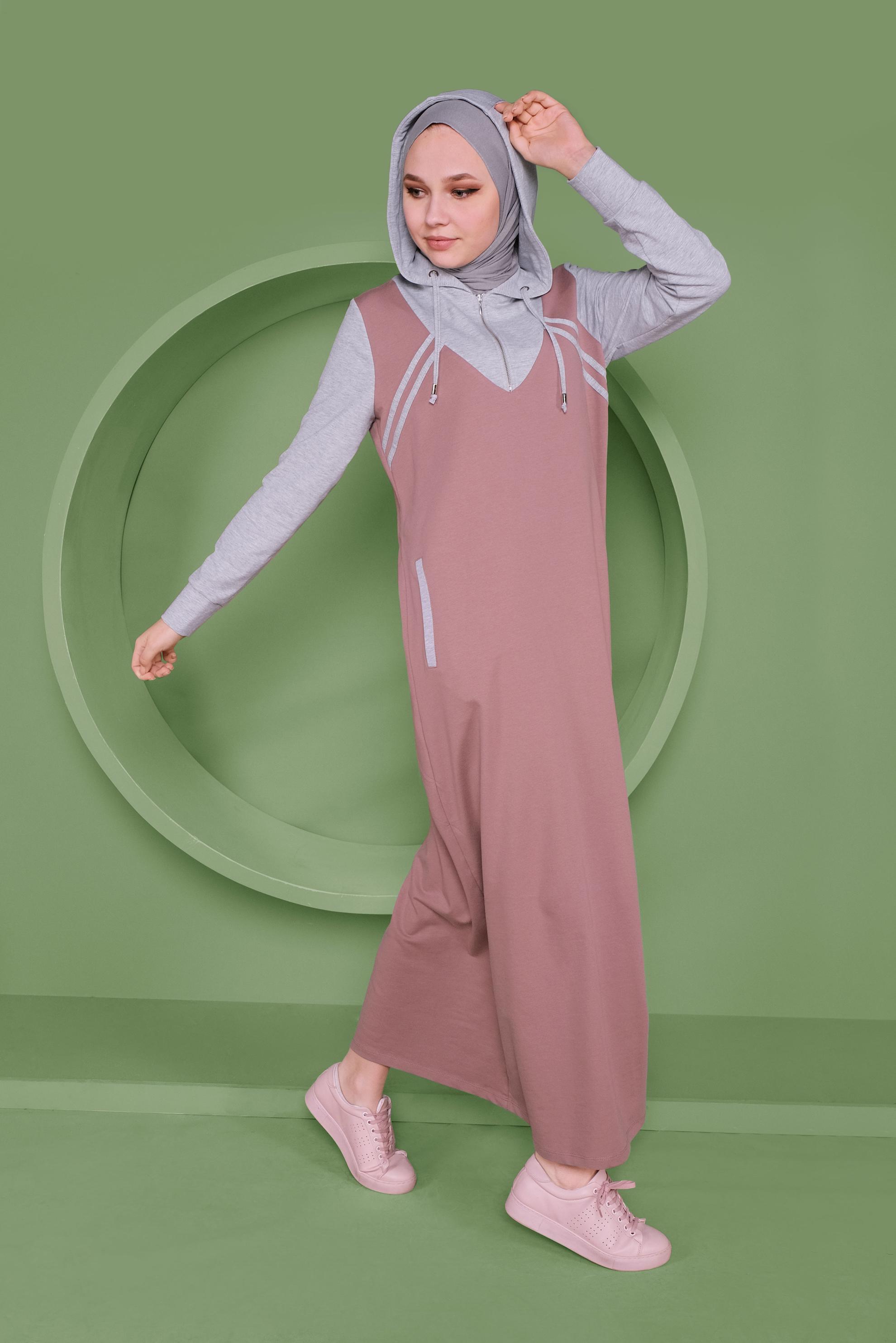 Hijab clothing PINK STRIPE DETAIL HOODED TRACKSUIT DRESS 41482 
