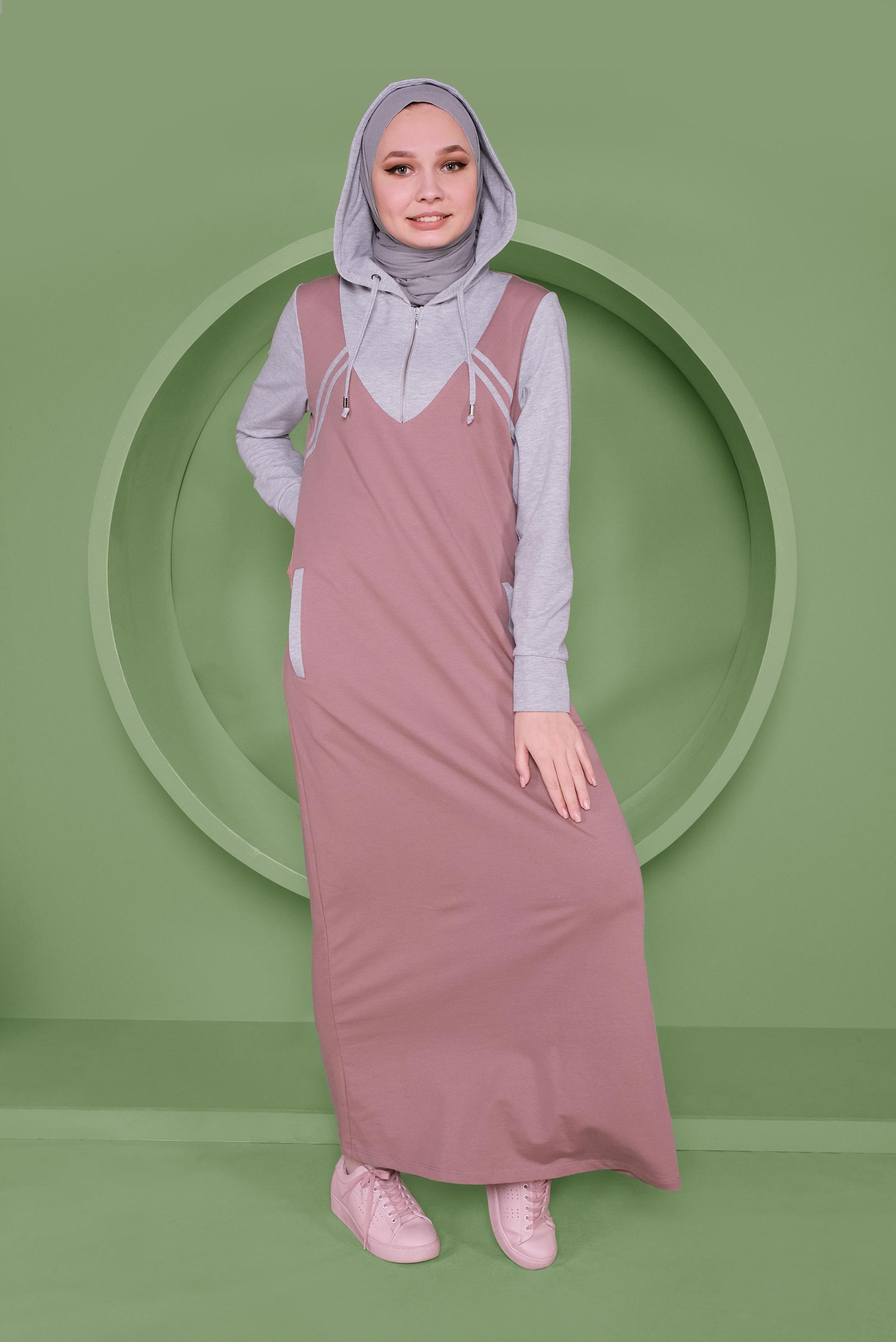 Hijab clothing PINK STRIPE DETAIL HOODED TRACKSUIT DRESS 41482 