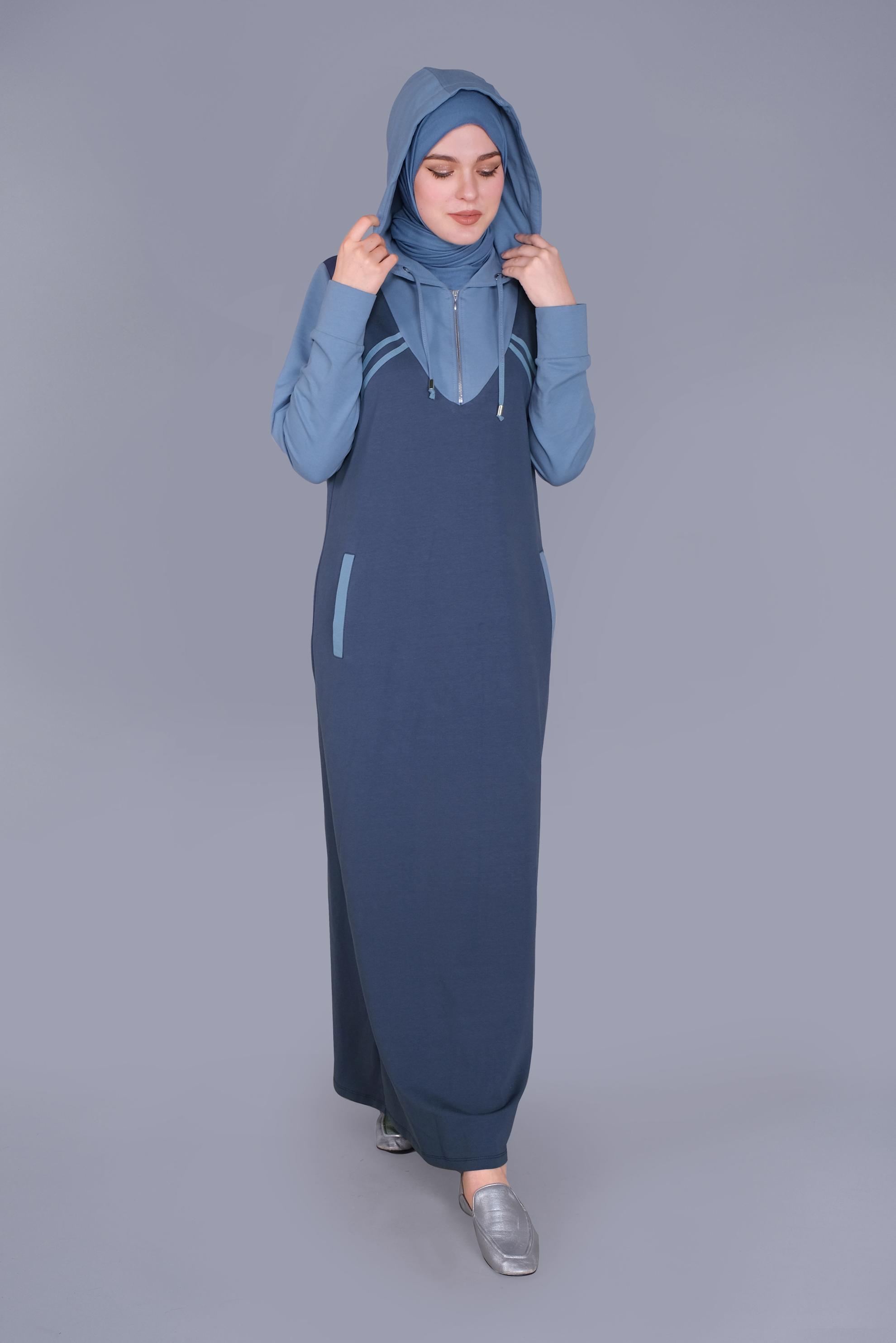 Tesettür giyim LACİVERT ŞERİT DETAYLI KAPÜŞONLU  EŞOFMAN ELBİSE  41482 