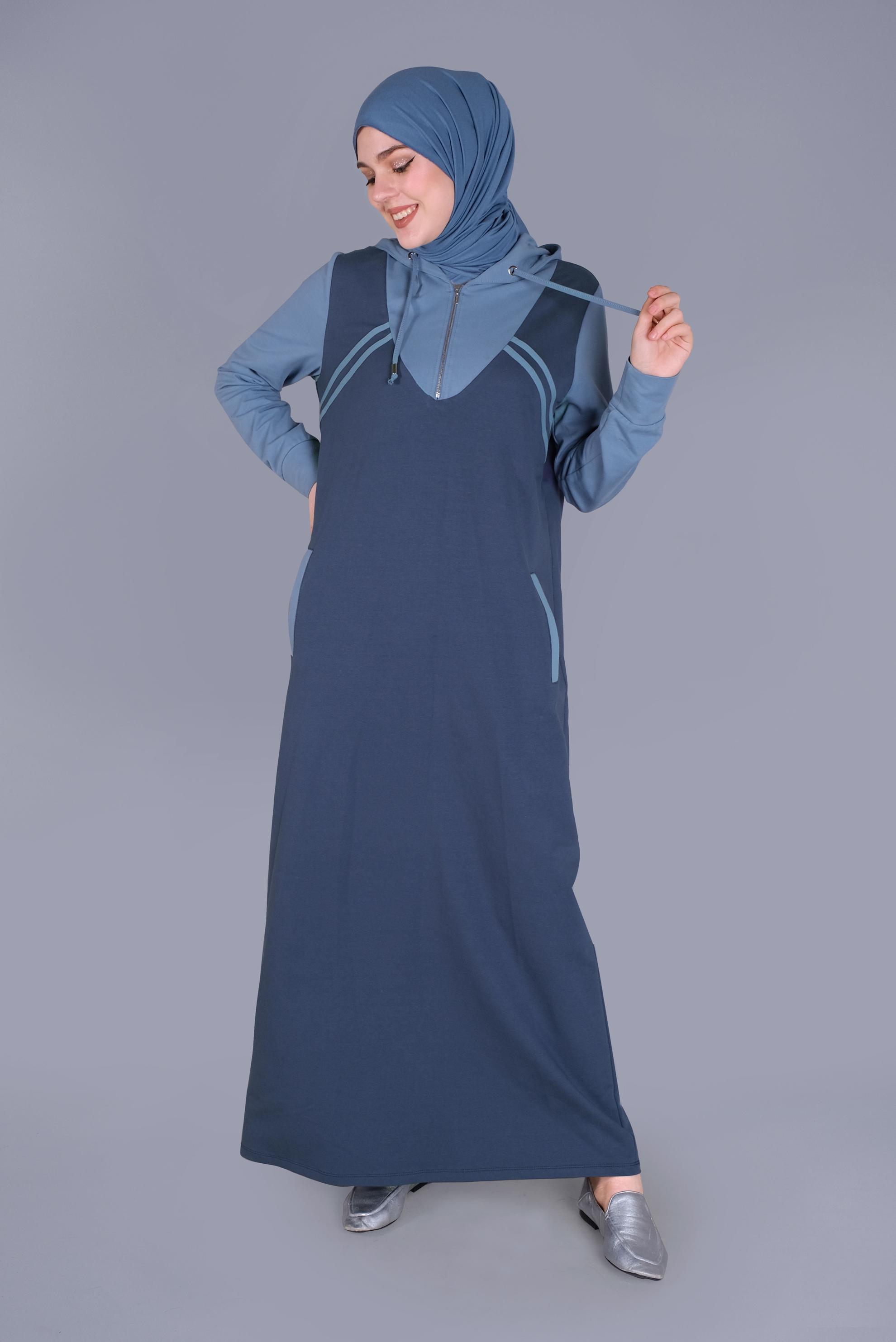 Tesettür giyim LACİVERT ŞERİT DETAYLI KAPÜŞONLU  EŞOFMAN ELBİSE  41482 