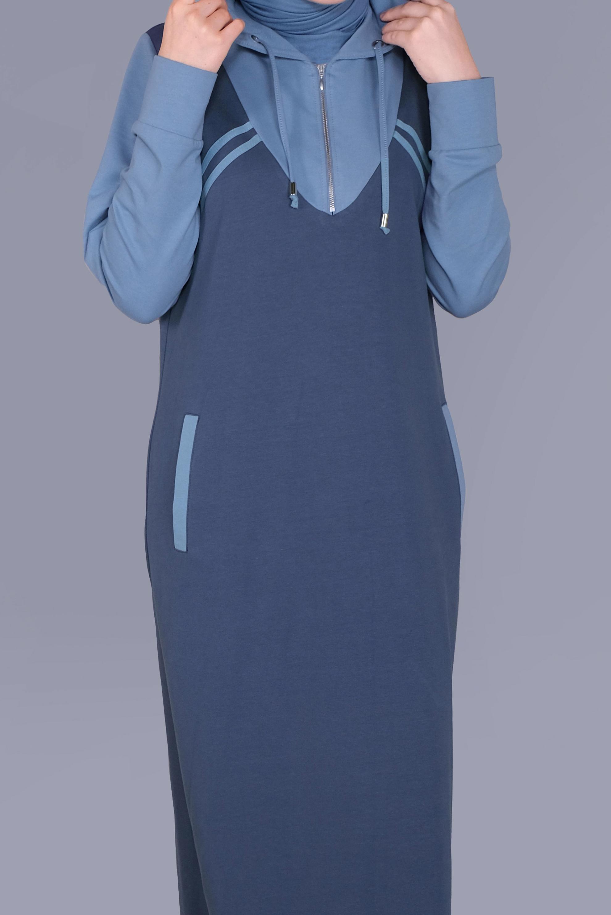 Tesettür giyim LACİVERT ŞERİT DETAYLI KAPÜŞONLU  EŞOFMAN ELBİSE  41482 