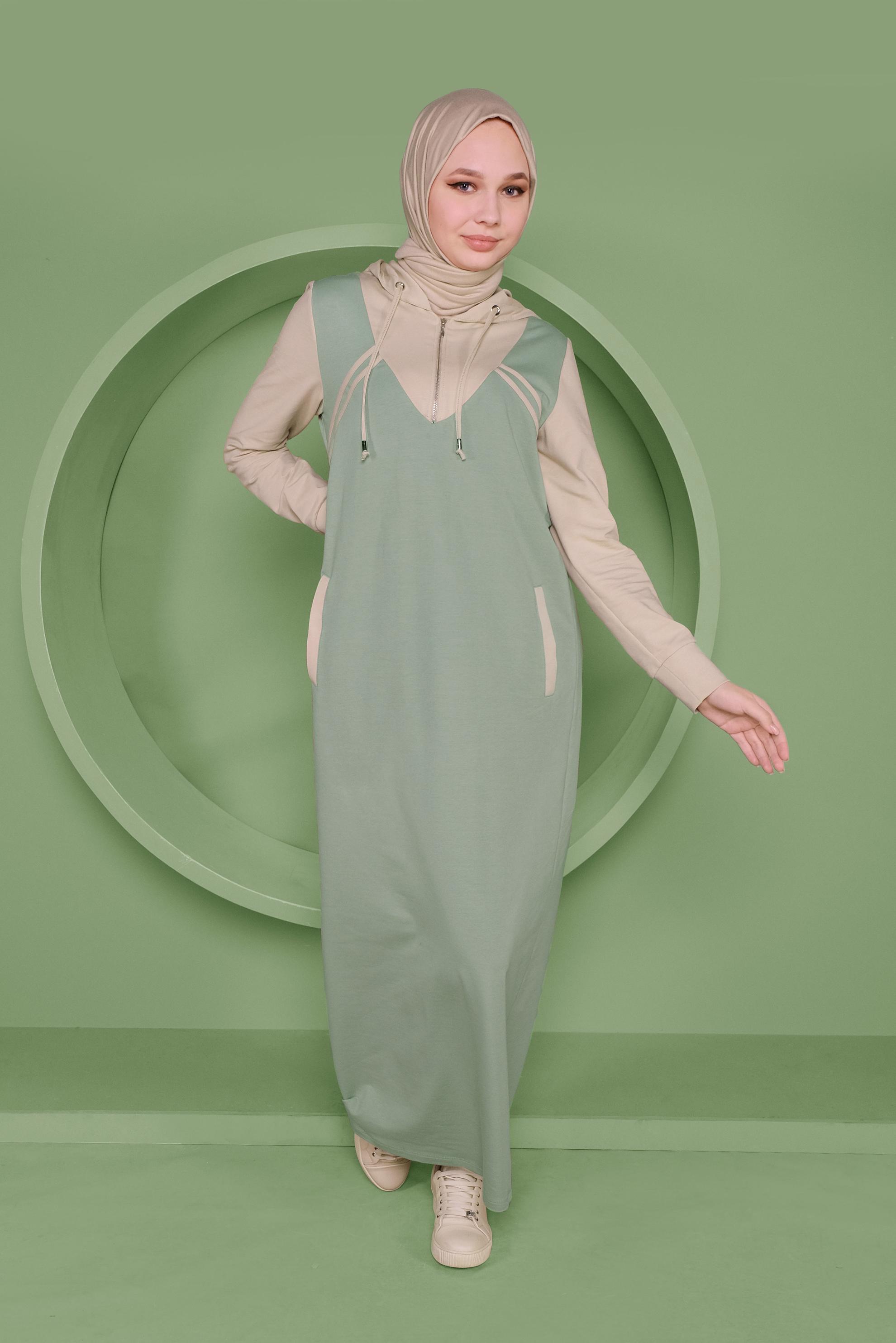 Hijab clothing GREEN STRIPE DETAIL HOODED TRACKSUIT DRESS 41482 