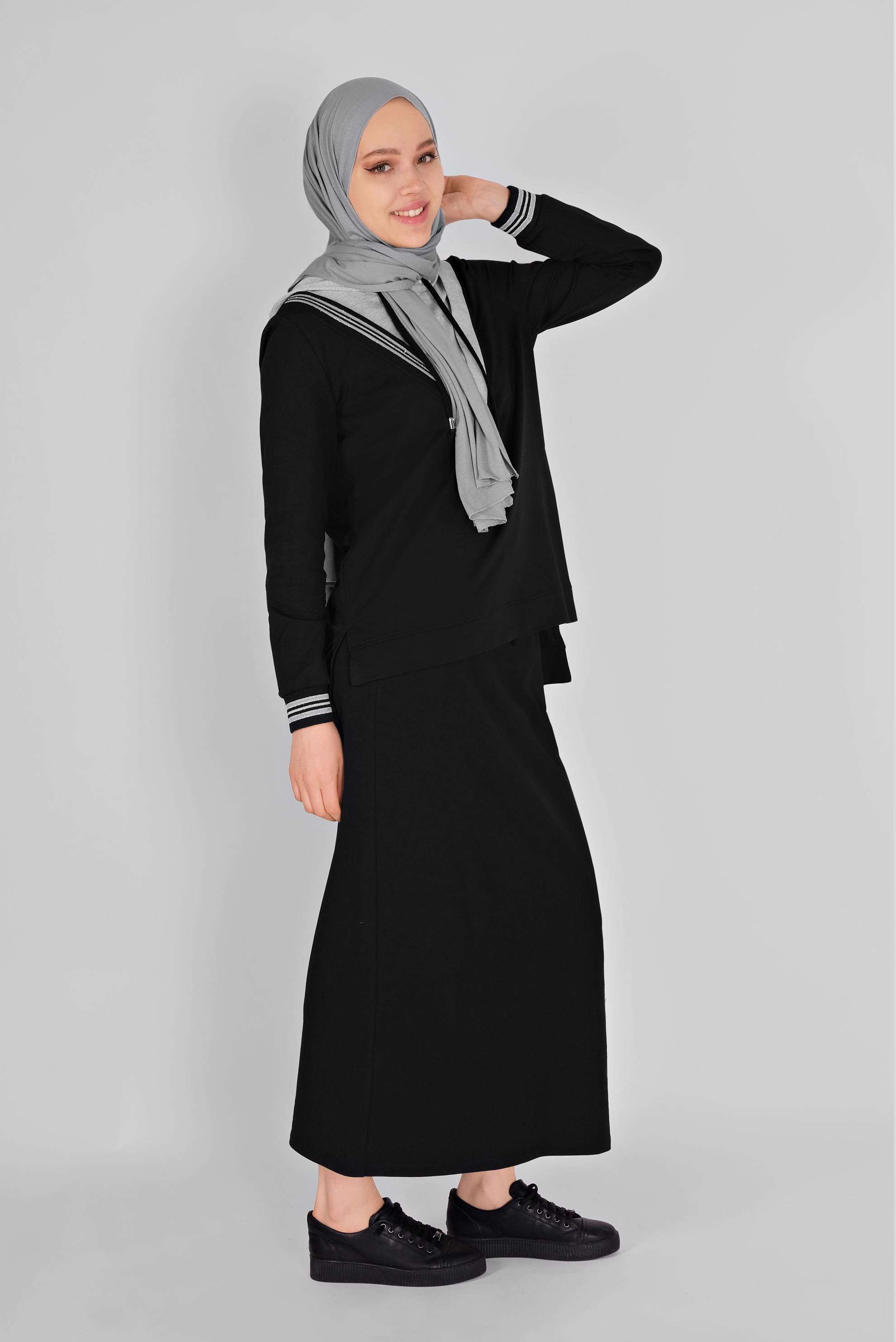 Tesettür giyim SİYAH İKİ RENK ETEKLİ EŞOFMAN TAKIM 41483 