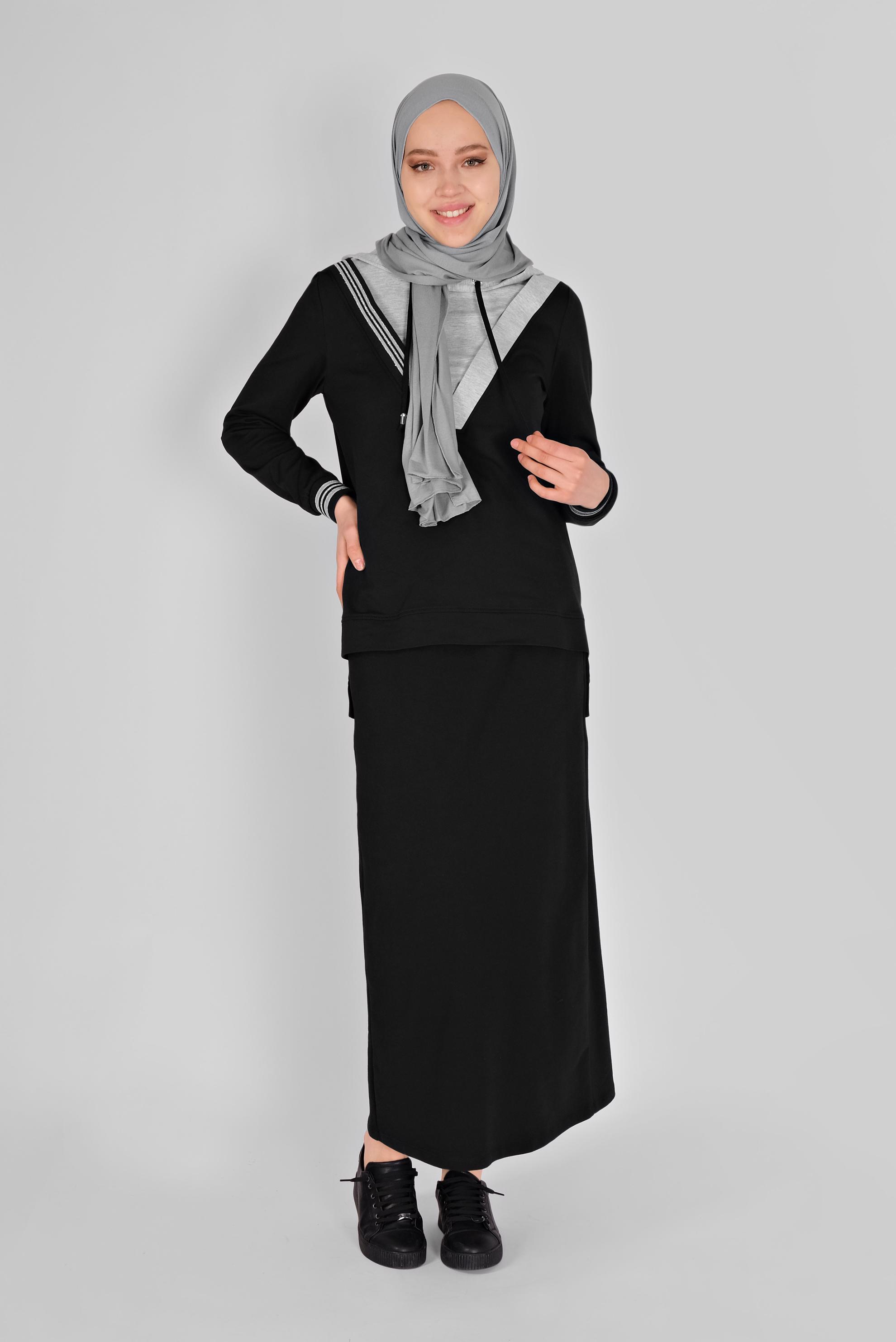 Tesettür giyim SİYAH İKİ RENK ETEKLİ EŞOFMAN TAKIM 41483 