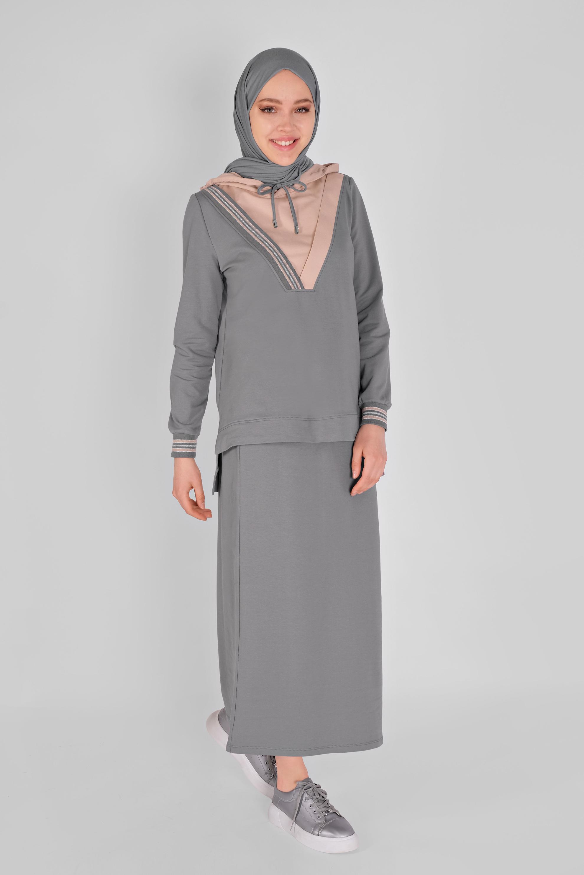 Tesettür giyim GRİ İKİ RENK ETEKLİ EŞOFMAN TAKIM 41483 
