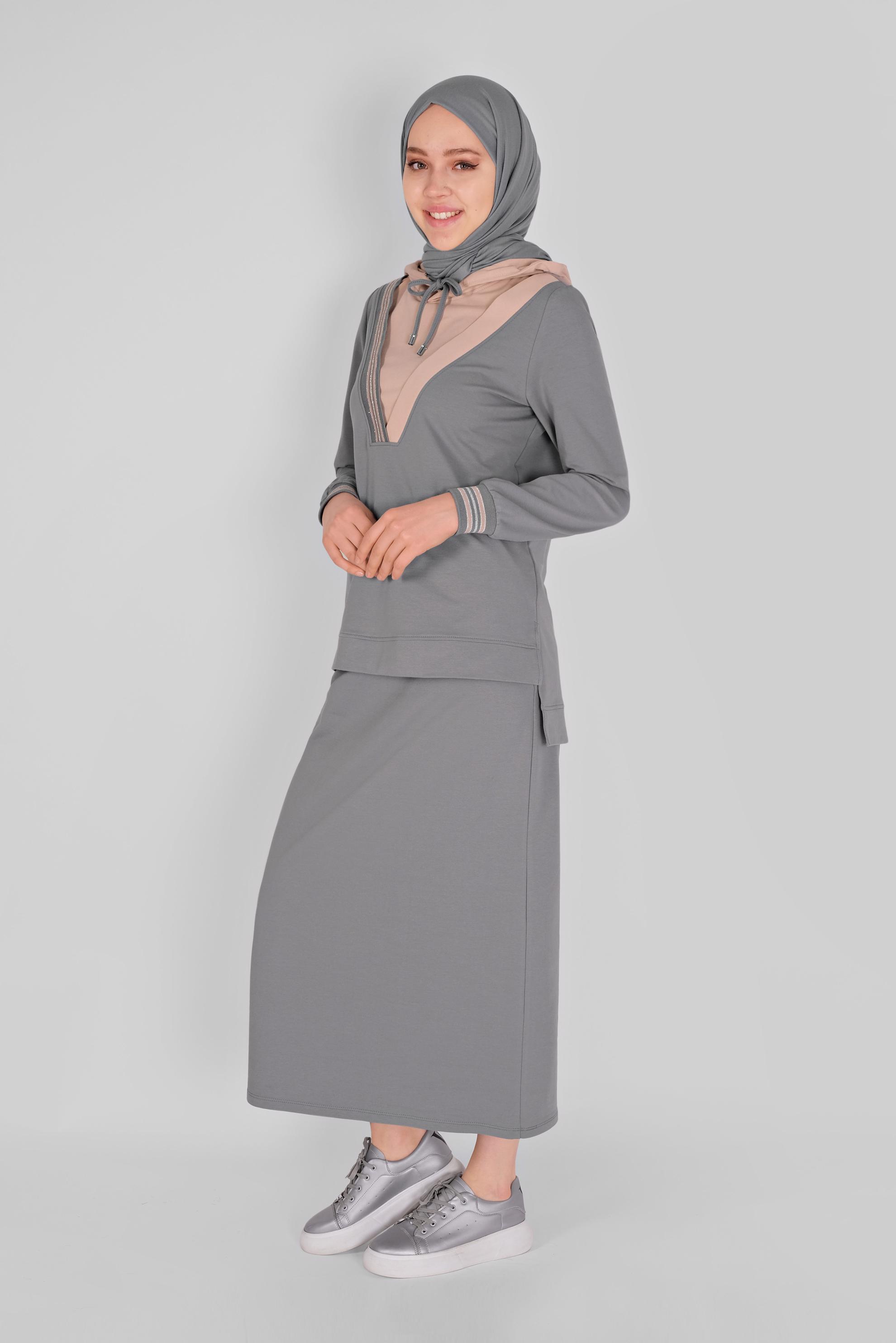 Tesettür giyim GRİ İKİ RENK ETEKLİ EŞOFMAN TAKIM 41483 