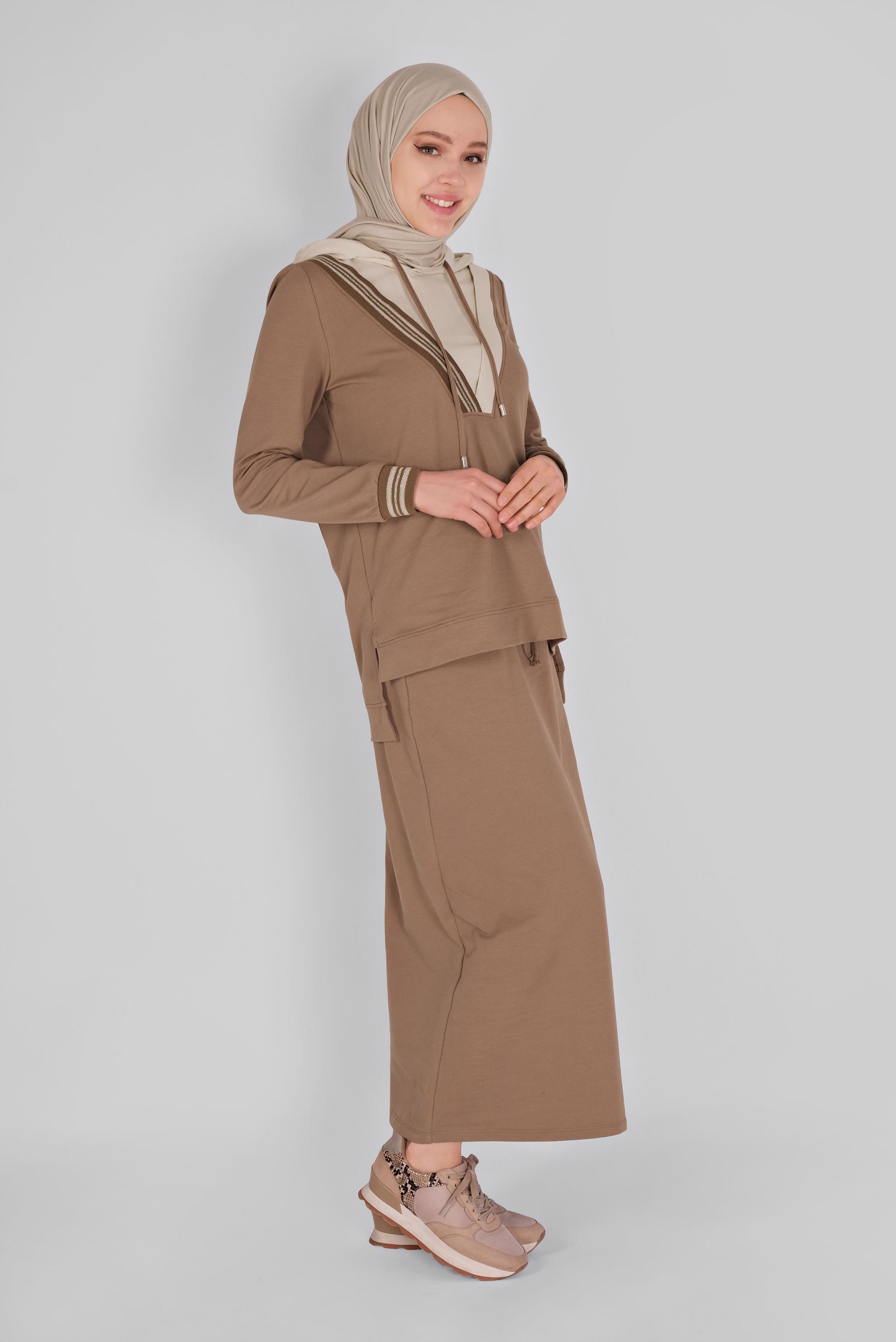 Tesettür giyim KAHVE İKİ RENK ETEKLİ EŞOFMAN TAKIM 41483 