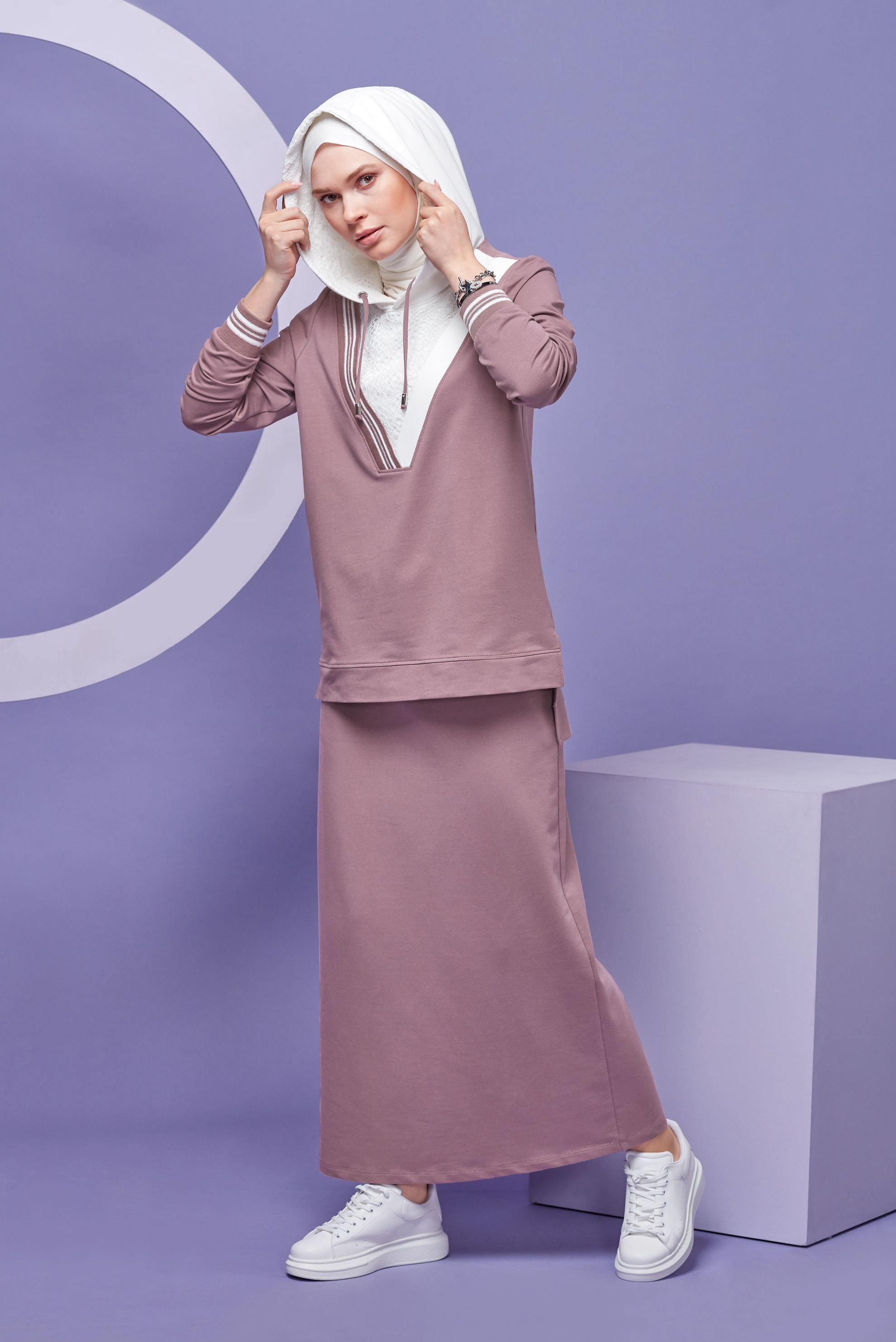 Tesettür giyim PEMBE İKİ RENK ETEKLİ EŞOFMAN TAKIM 41483 