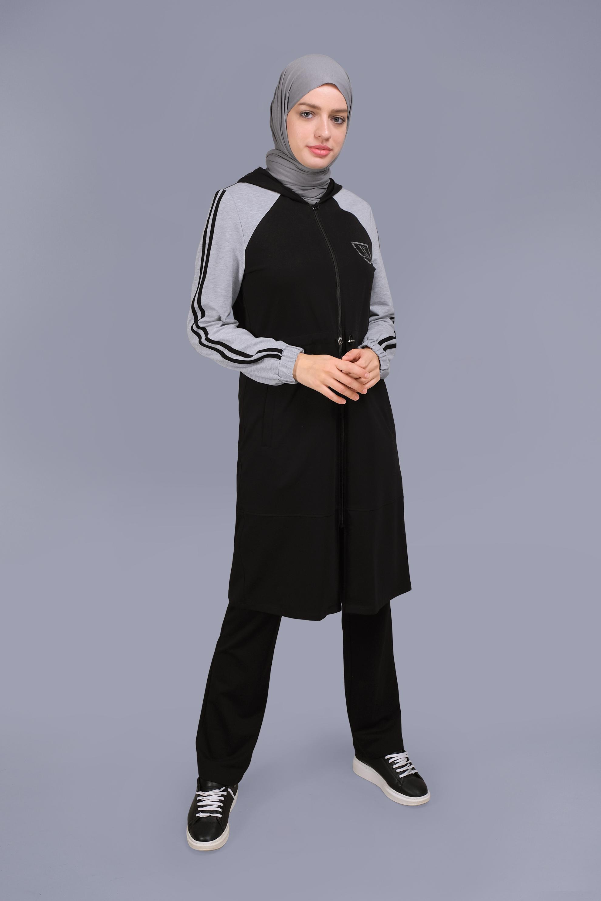 Tesettür giyim SİYAH ARMALI FERMUARLI EŞOFMAN TUNİK 41503 